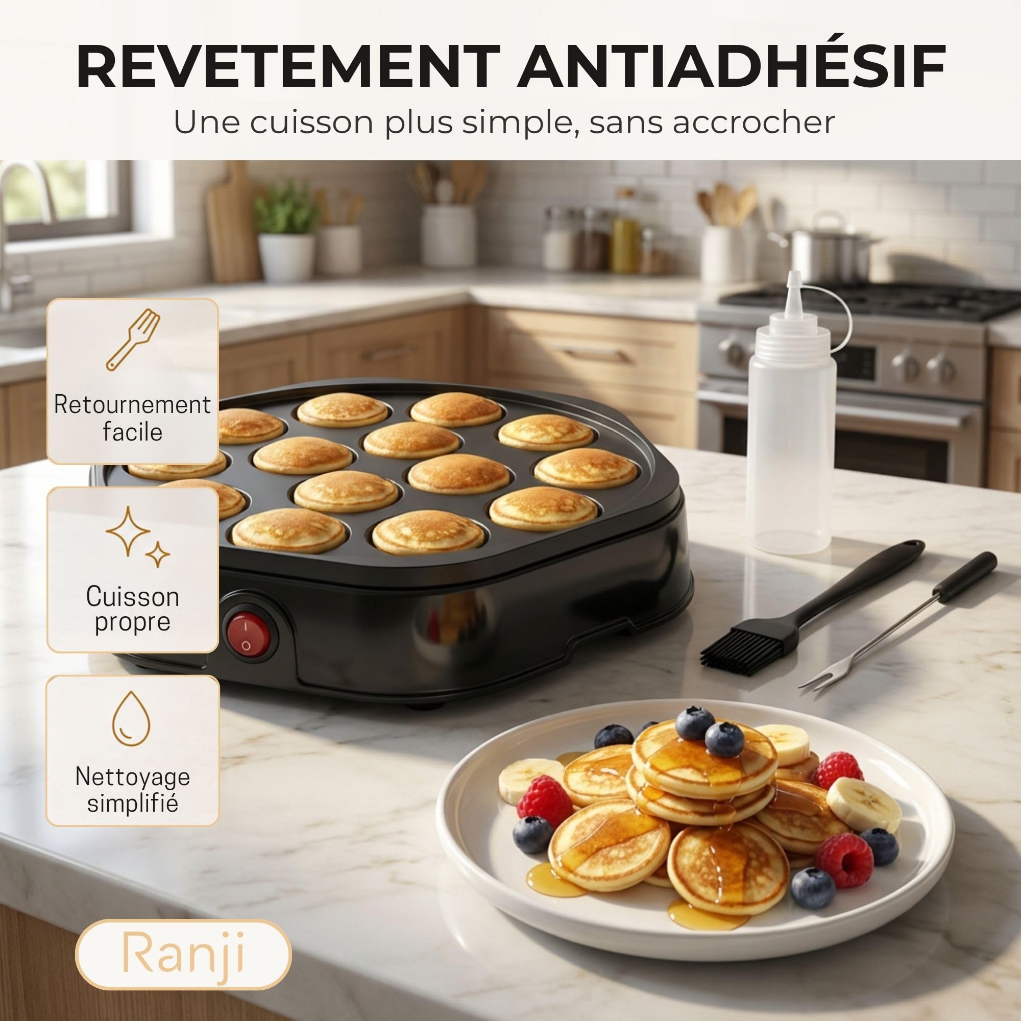 RANJI Machine à Mini Pancakes 14 Cavités avec Plaque Antiadhésive