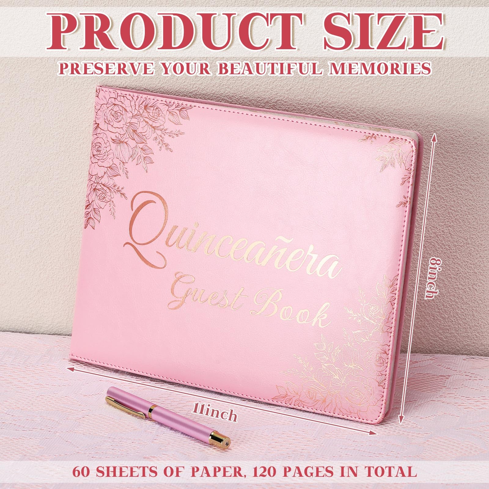 MotiMind Quinceañera Guest Book with Pen 11 x 8 Inch Libro De Firmas Para 15 Años Quinceanera Leather Hardcover Signature Book Guest Sign in for 15th Party Favors Decoration(Pink,Floral)