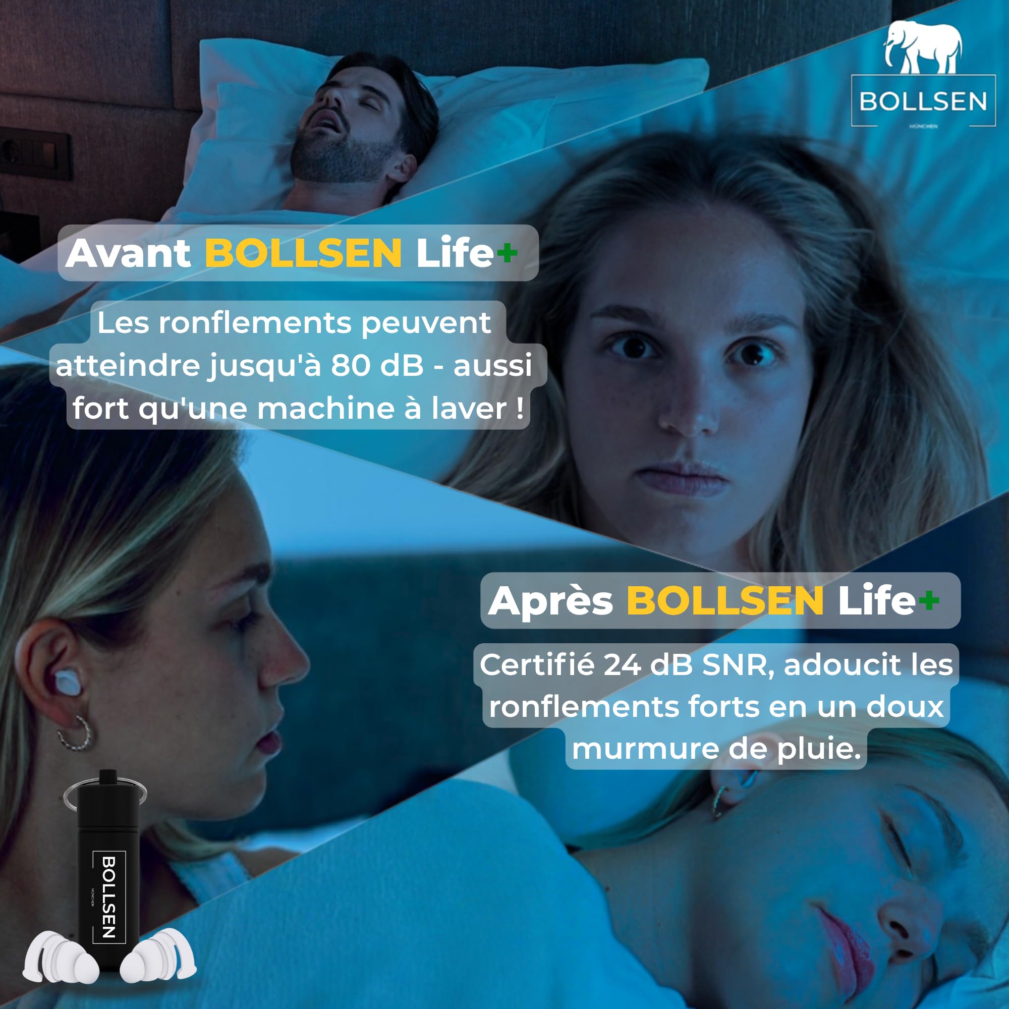 BOLLSEN Life+ Bouchons d’oreilles pour dormir – Bouchons d’oreilles en silicone anti-bruit – Réduction de bruit SNR 24 dB – Confortables jour et nuit – Durables et réutilisables jusqu’à 100 fois (3)