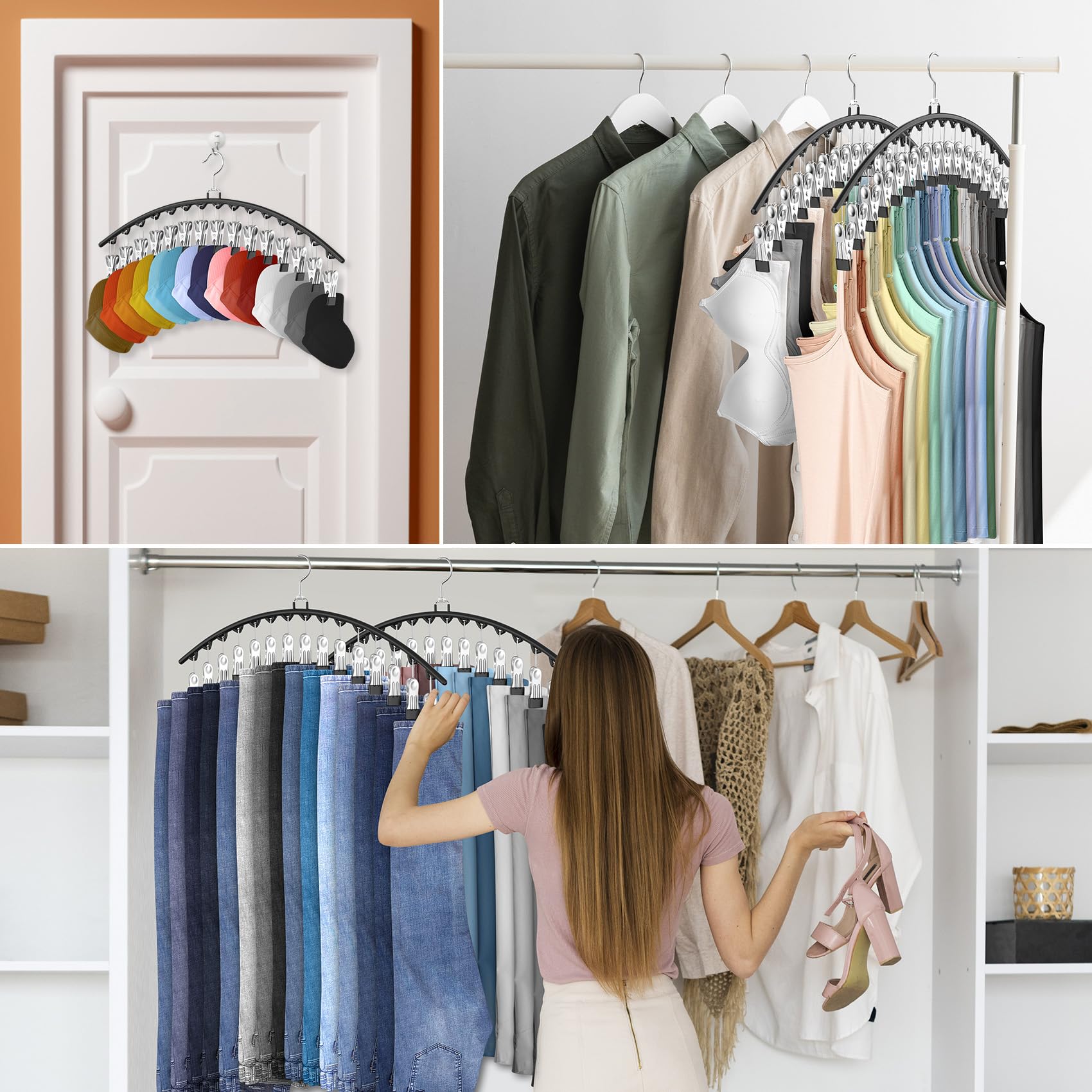 Paquete de 6 organizadores de leggings para colgar en el armario, perchas para pantalones con 15 clips con capacidad para 45 leggings, pantalones cortos, faldas, jeans, sombreros, perchas para