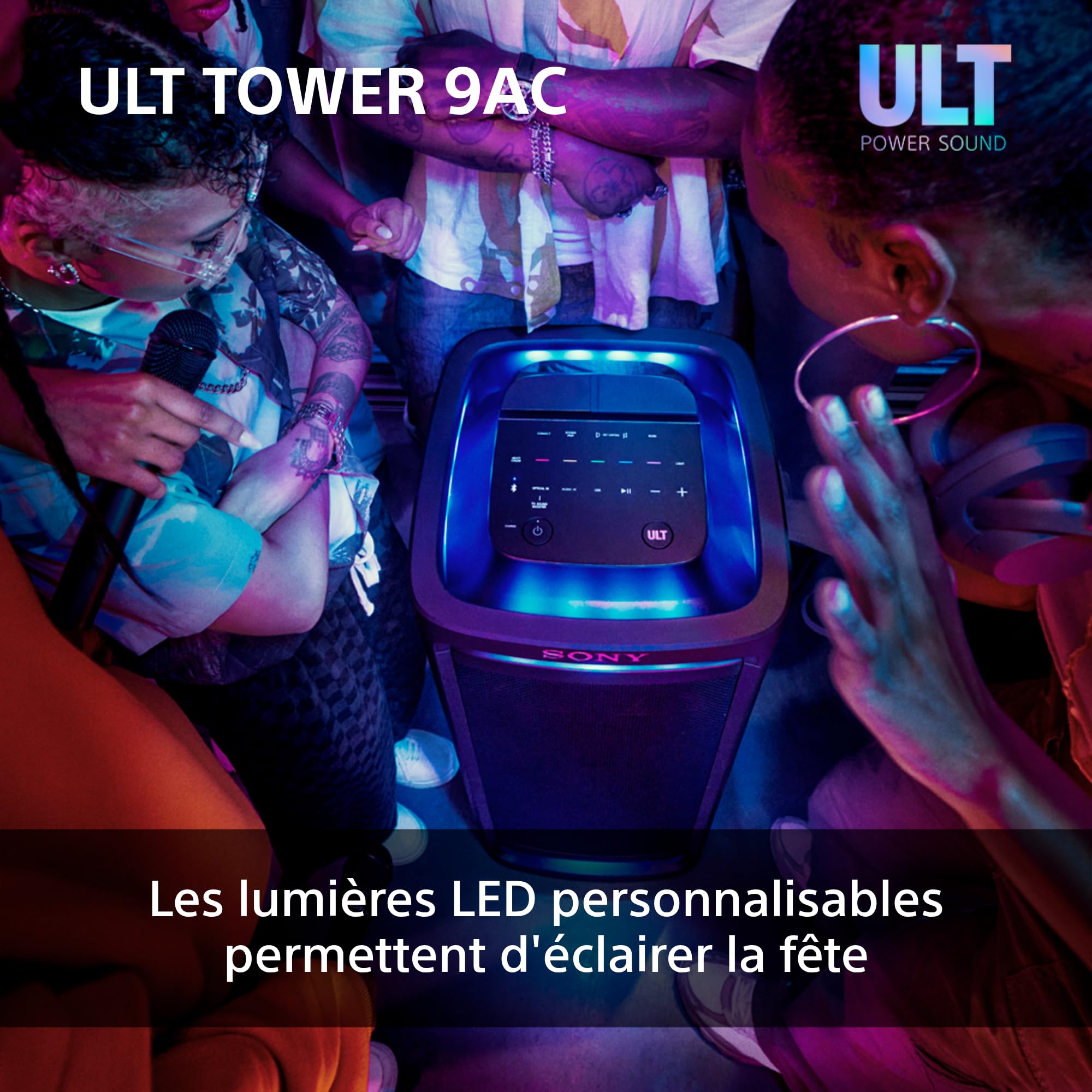 Sony ULT Tower 9AC - Enceinte Bluetooth Party Box Ultimate, Alimentation Secteur, 2 Modes ULT Power Sound, X-Balanced Speaker, 360° Lighting & Sound, entrées pour Karaoke - Noir