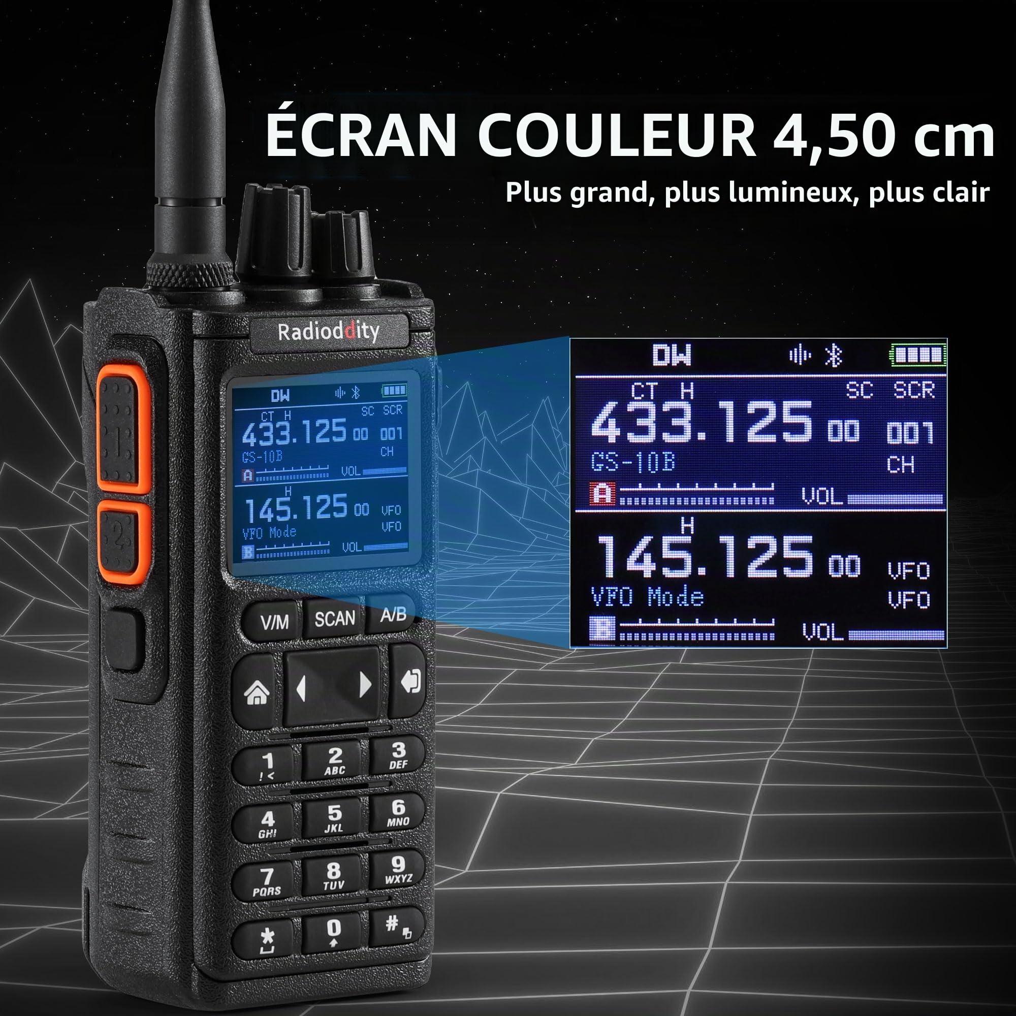 Radioddity GS-10B Radio 8W, Radio Bidirectionnelle Longue Portée avec Programmation APP sans Fil, UHF/VHF/FM Aviation, Double PTT, Batterie 2500mAh & USB-C, Réduction du Bruit, Synchro des Canaux