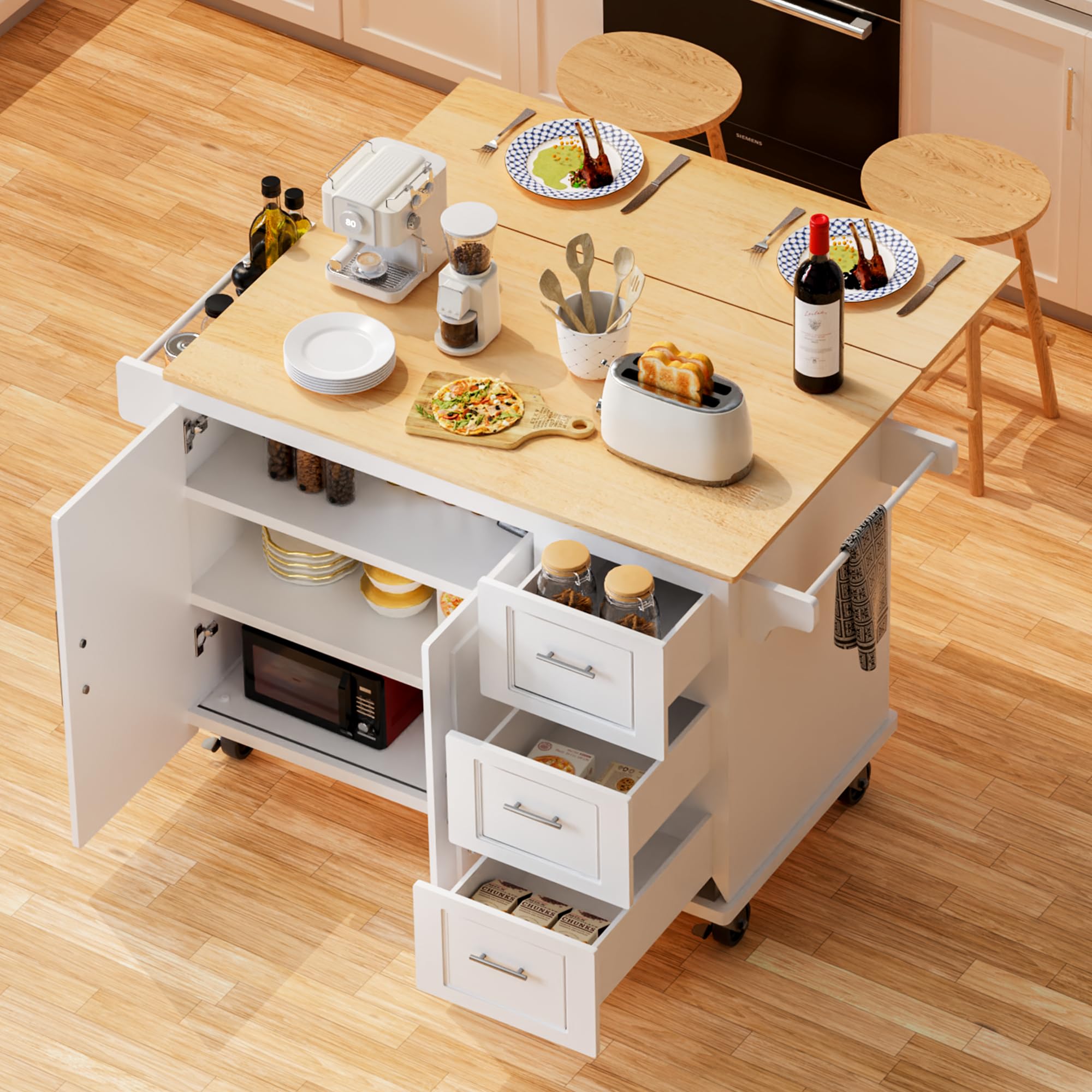 Kitchen Island 54" Large Rolling Kitchen Island Cart On Wheels with Drop Leaf Breakfast Bar 3 Drawers 1 Cabinet, Spice Towel Rack Mobile Island Table for kitchen with Storage, Moveable, White