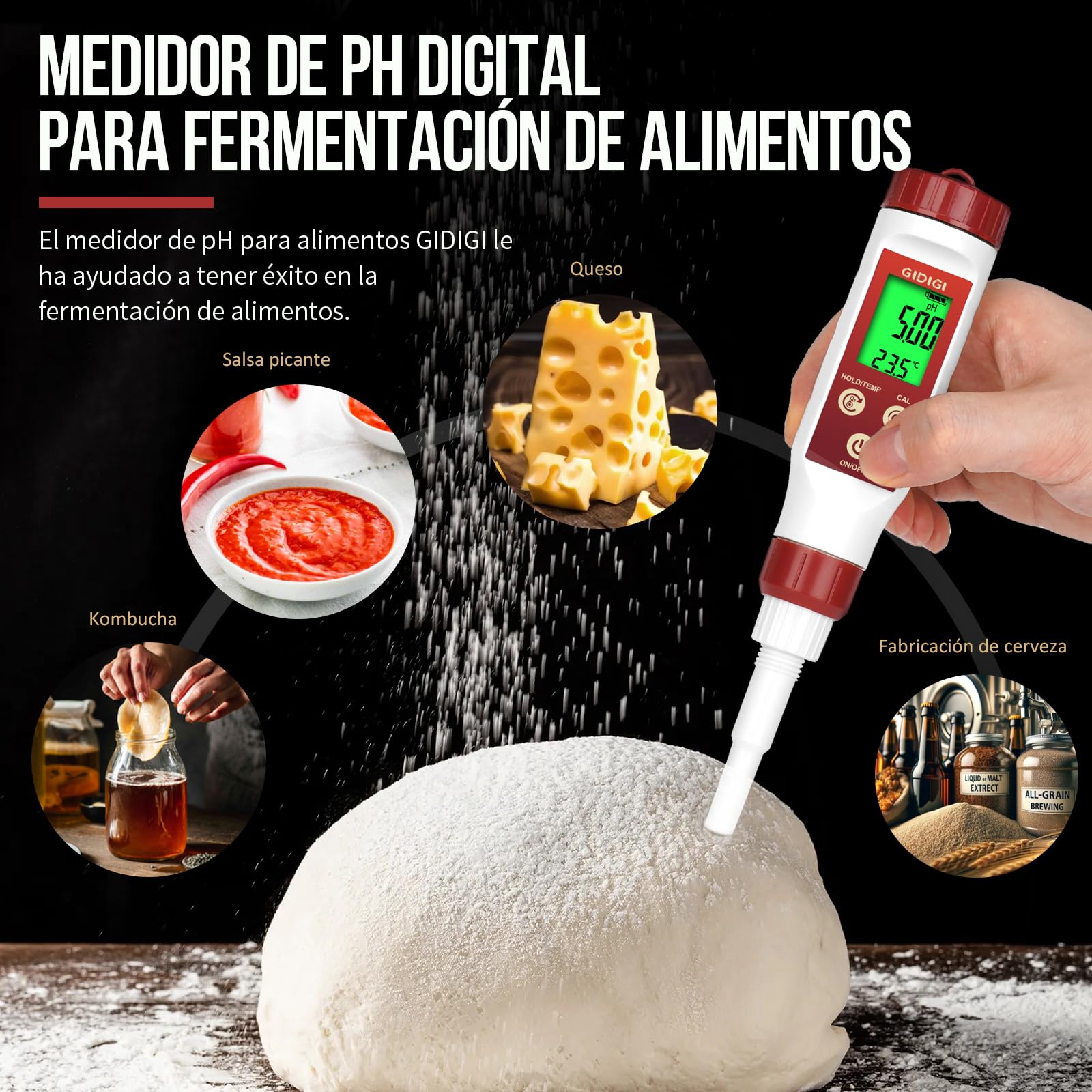 Medidor pH Alimentos Profesional con Sonda de Punta para Analizar pH y Temperatura en Líquidos y Semisólidos