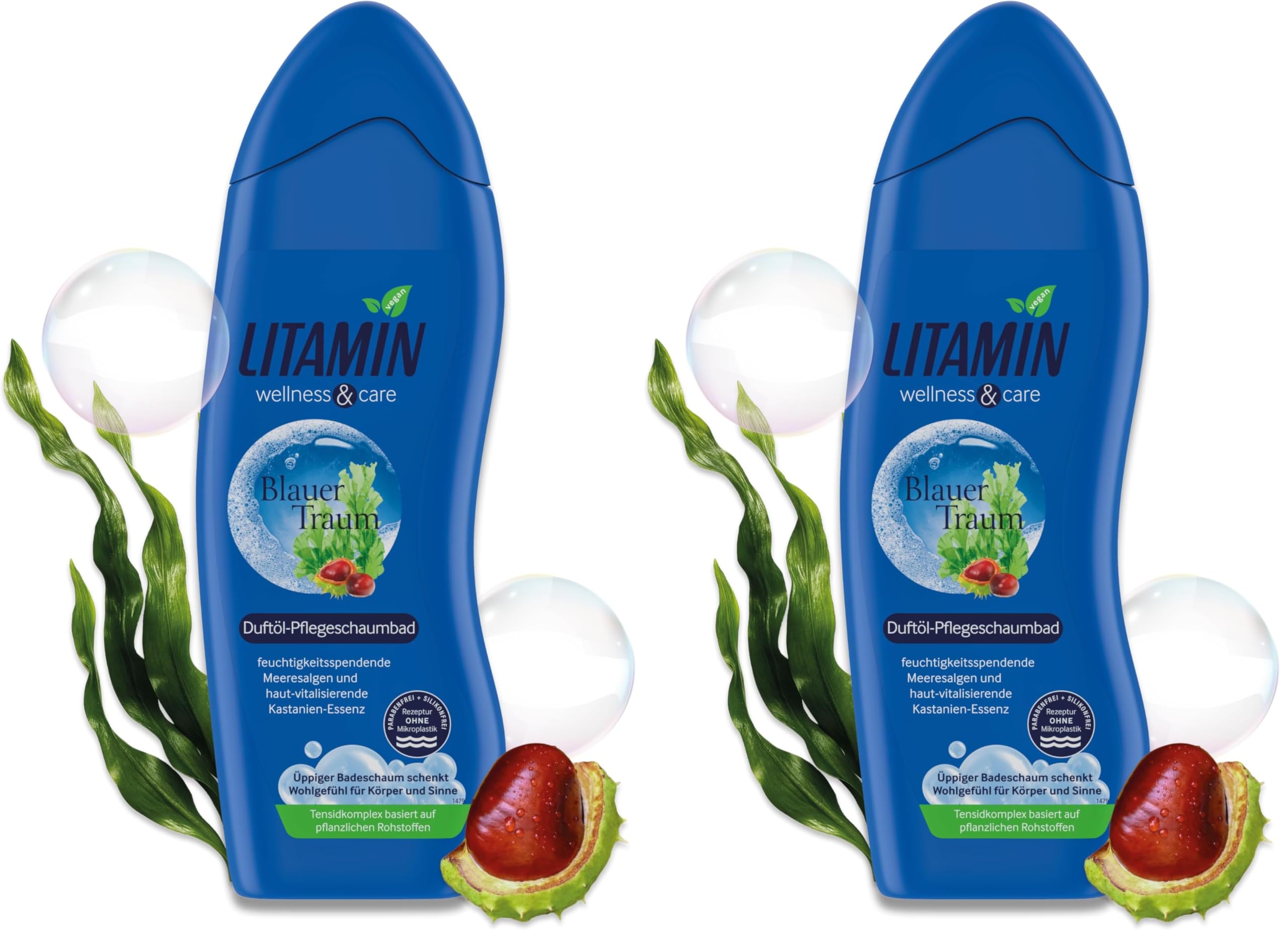 Litamin Schaumbad Blauer Traum 750ml – mit Meeresalgen & Kastanien-Essenz – feuchtigkeitsspendender Badeschaum für entspannende Wellness-Momente (Packung mit 2)