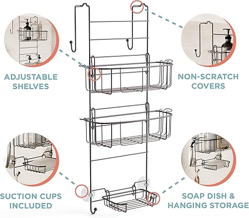 Miniatura 3 de Zenna Home Organizador de Ducha Colgante Sobre la Puerta de la Ducha, Estante de Acero Inoxidable con 2 Repisas y Ganchos Integrados, Estante
