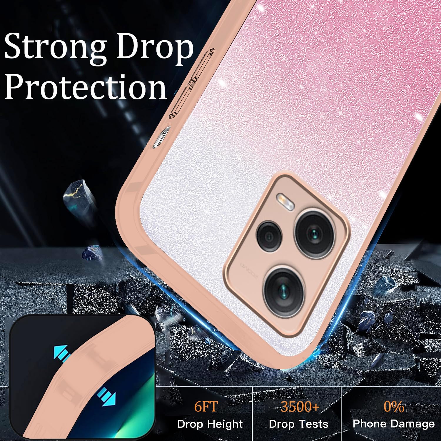 Custodia Per Redmi Note 12 Pro 5G Con Paillettes E Anello Metallico – Trasparente Antiurto, Rosa