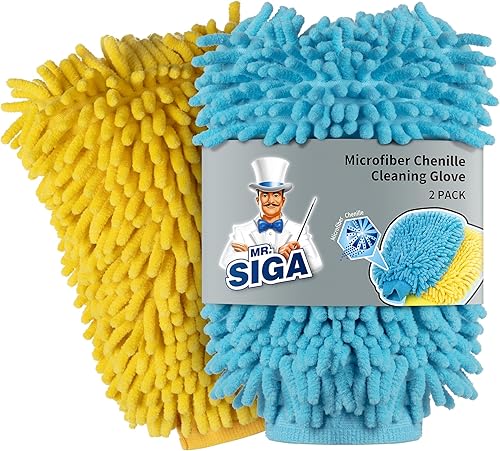 MR.SIGA Manoplas de microfibra suave de chenilla para lavado de coche, paquete de 2, azul y amarillo