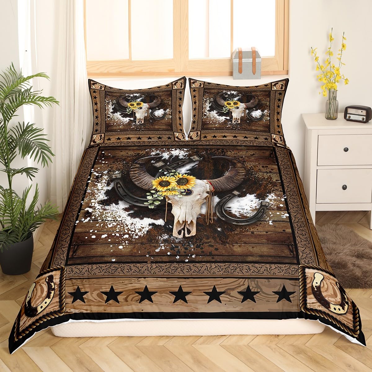 Cow Skull Kids Duvet Cover Double Size,Western Cowboy Texas Star Horseshoes Bedding Set,Boys Girls Adults Room Decor,Cow Fur Wooden Plank Rustic Comforter Cover,Brown Quilt Cover,2 Pillowcases - Image 2