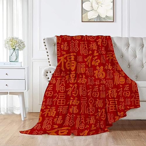 Manta china Fu Good Luck Happiness para sofá, franela suave, decorativa, cálida, acogedora, ligera, de microfibra, adecuada para todas las disponible en Yaxa Peru