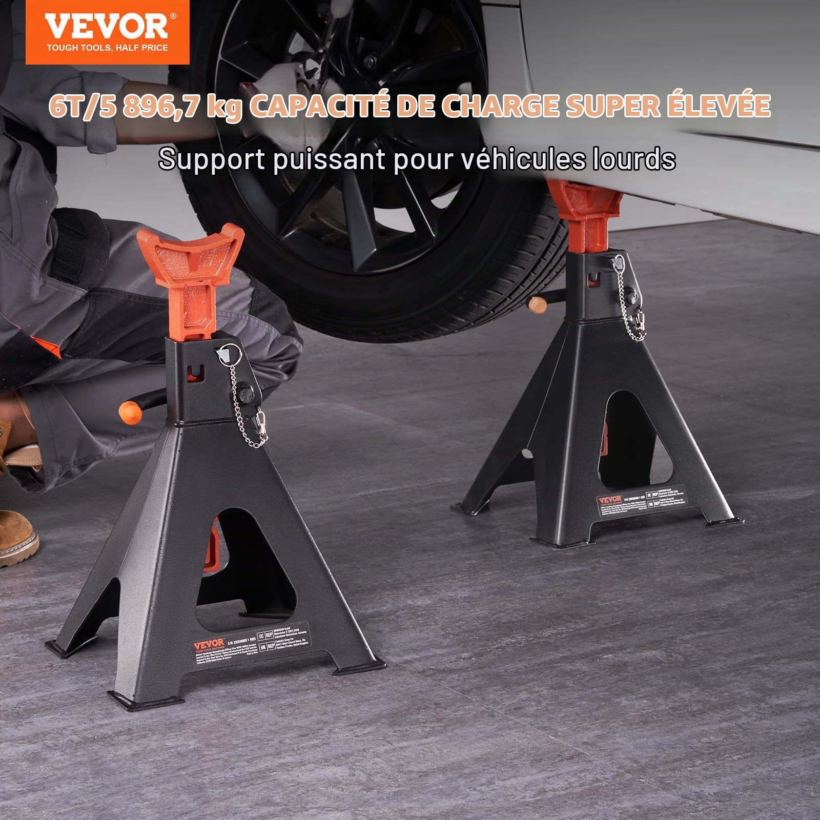 VEVOE 1 Paire de Chandelles de Levage Capacité 6 tonnes Chandelle de Voiture Réglable en Hauteur 360-585 mm en Acier Double Verrouillage Aides pour Soulever des Véhicules Auto SUV Atelier Dépannage