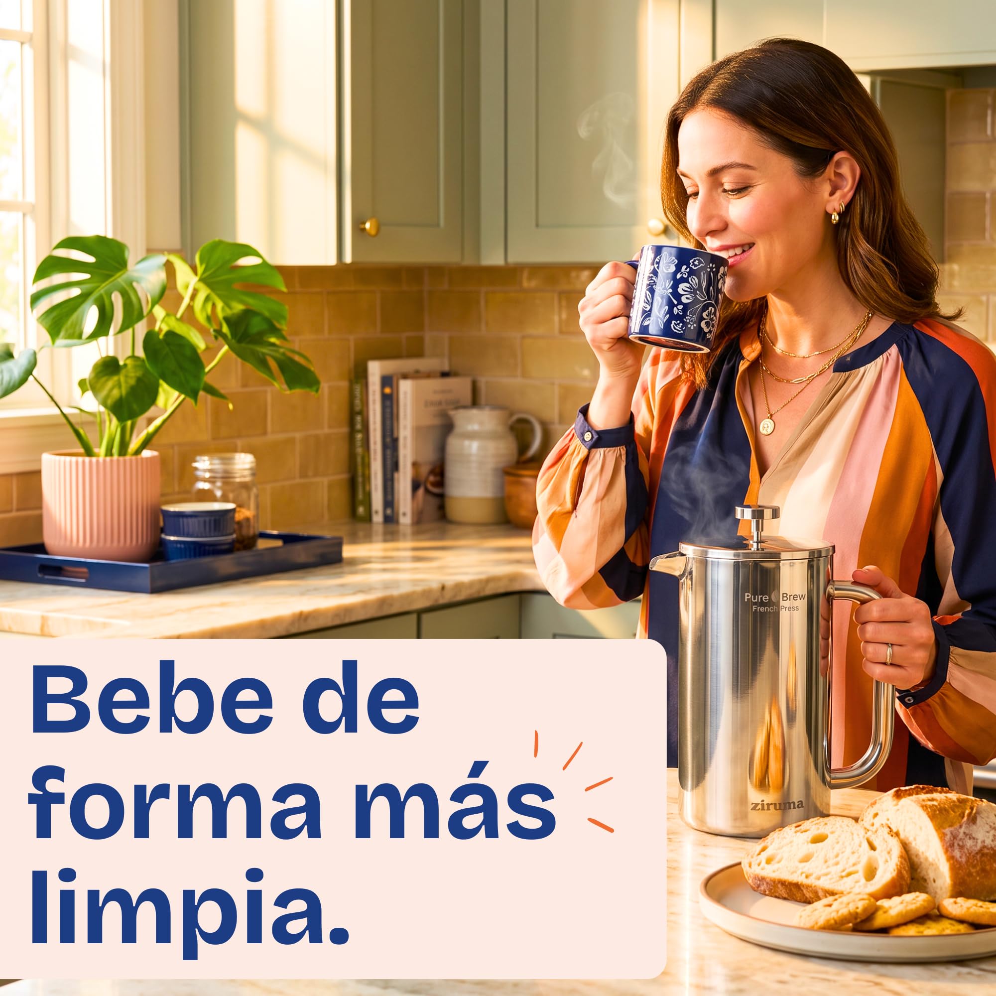 Ziruma No Tóxico Cafetera de Émbolo Acero, Sin Plástico, Doble Pared, 1L
