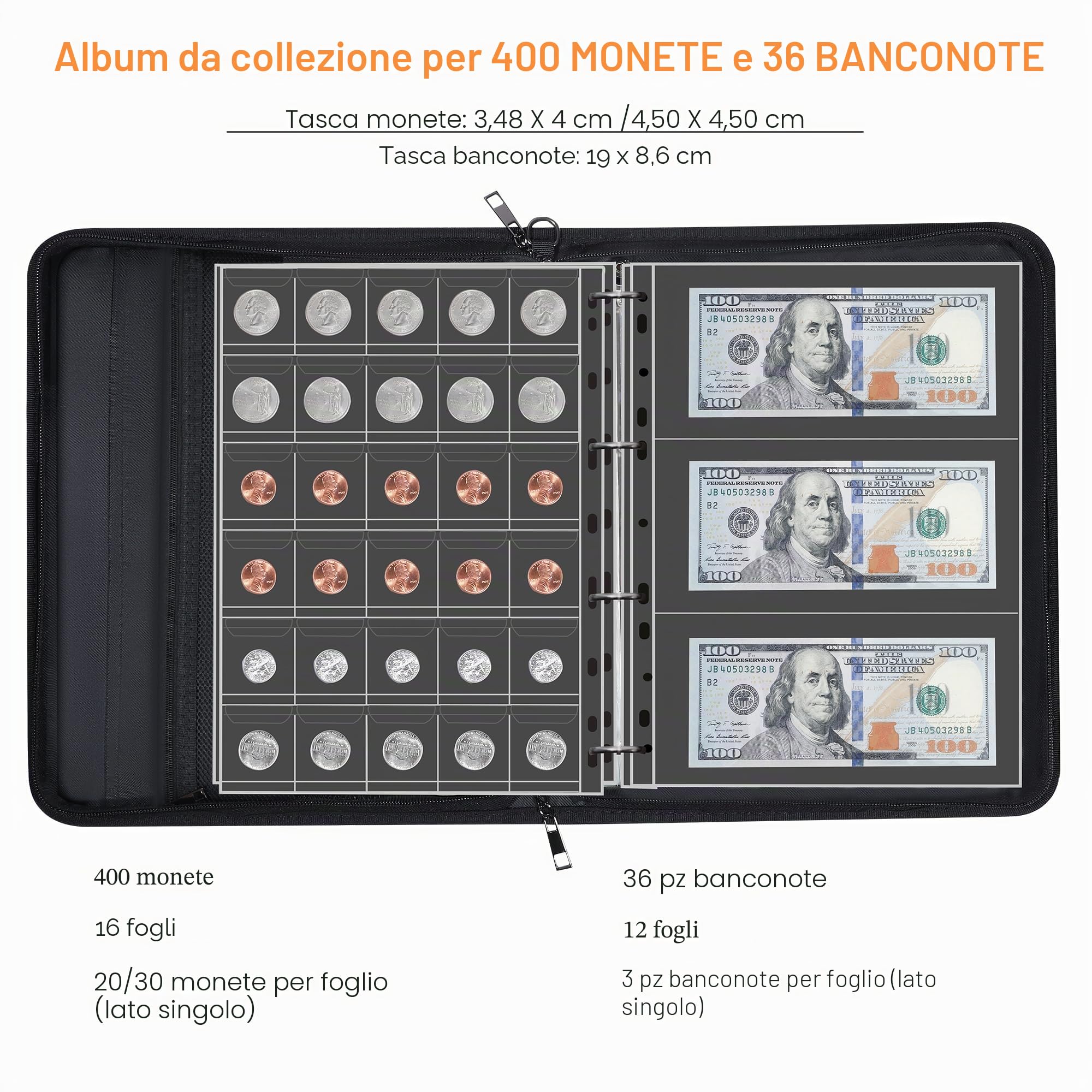 Hontom - Album per collezione di monete per collezionisti con serratura, 400 tasche portamonete ignifugo e 36 buste per monete in carta, organizer per monete, banconote, gettoni, badge