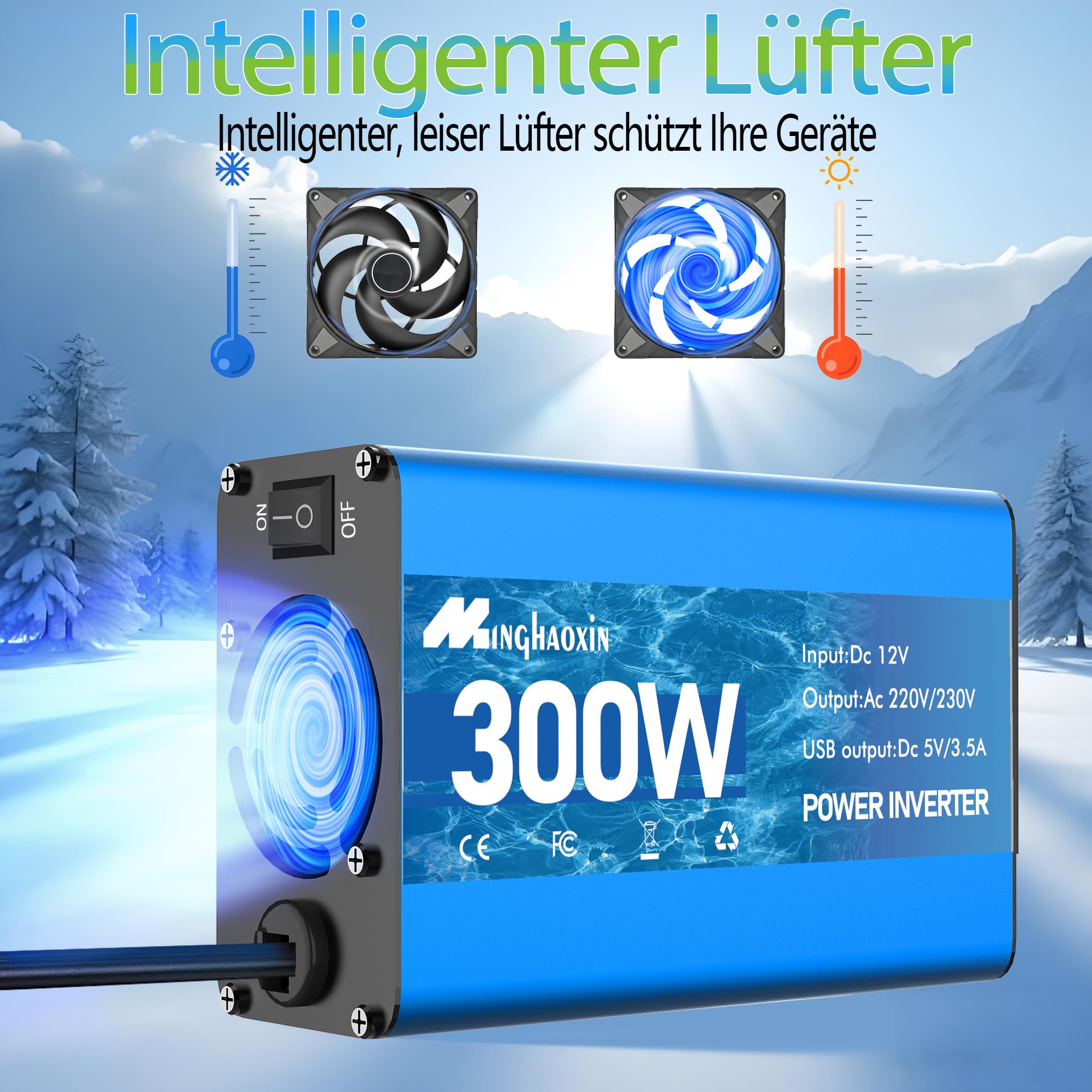 300W Wechselrichter 12V auf 230V Spannungswandler | TYPE-C & USB Anschluss, Autostecker Adapter, Steckdosenkonverter, Für Roadtrips und Camping