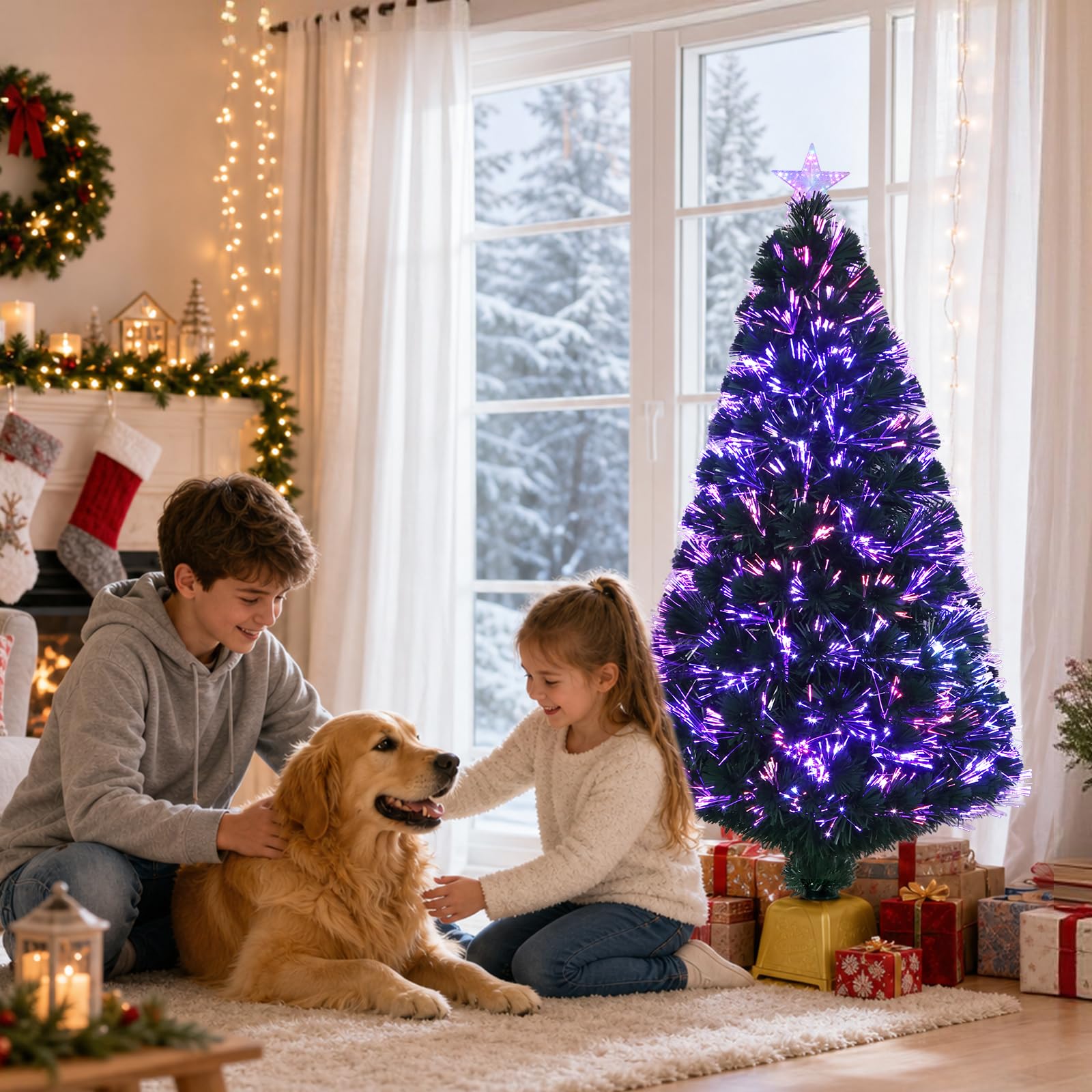Albero di Natale artificiale verde in fibra ottica, 1,2 m, con supporto