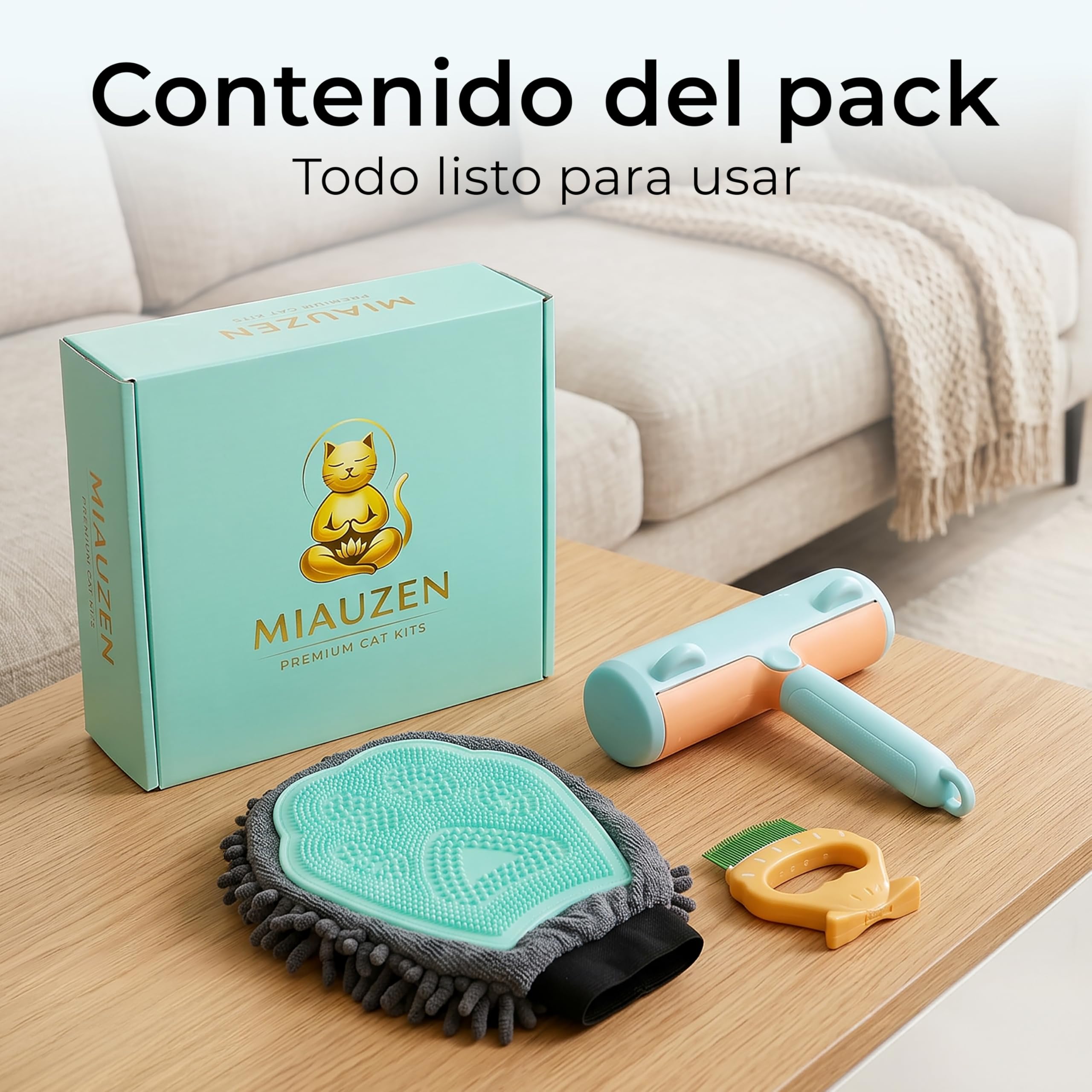 Kit Quitapelos Premium para Gatos de Interior - Guante Suave Mejorado con Velcro Firme + Cepillo Quitapelos Reutilizable para Sofá y Ropa + Mini Peine - Pack Todo en Uno