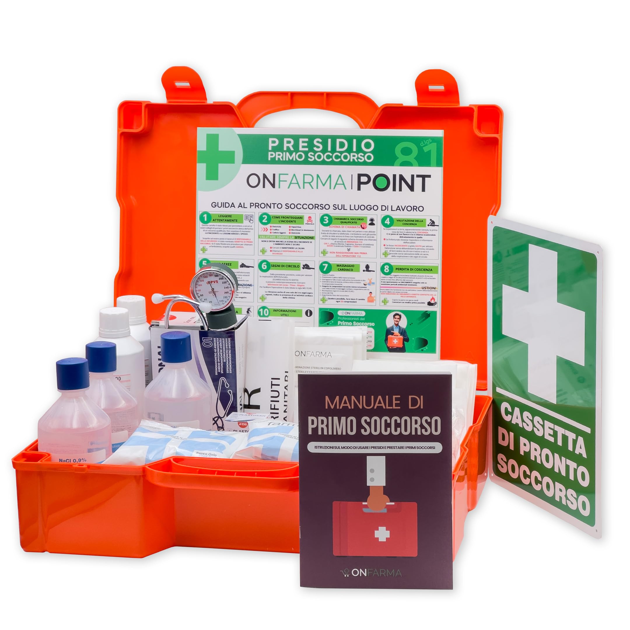 ONFARMA FARMA4 cassetta medica primo pronto soccorso COMPLETA DI MISURATORE DI PRESSIONE e CARTELLO DI PRIMO SOCCORSO conforme DM 388 allegato 1 per aziende con 3 o più lavoratori