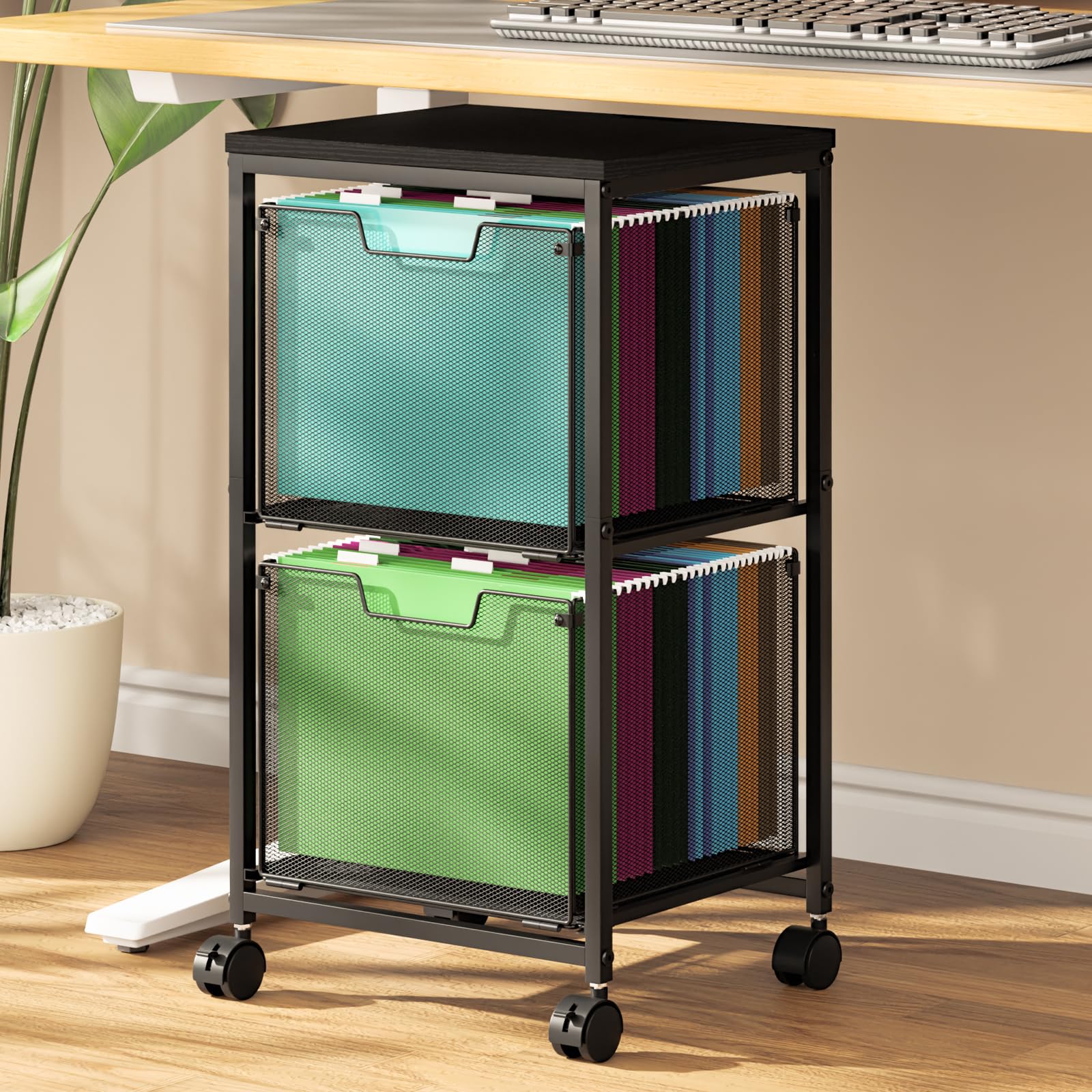 Rolling File Cart with 2 Storage Drawers, Under Desk Storage, Hanging File Folder Organizer with Wheels, Printer Stand Utility Craft Cart Filing Cabinet for Home Office,Black