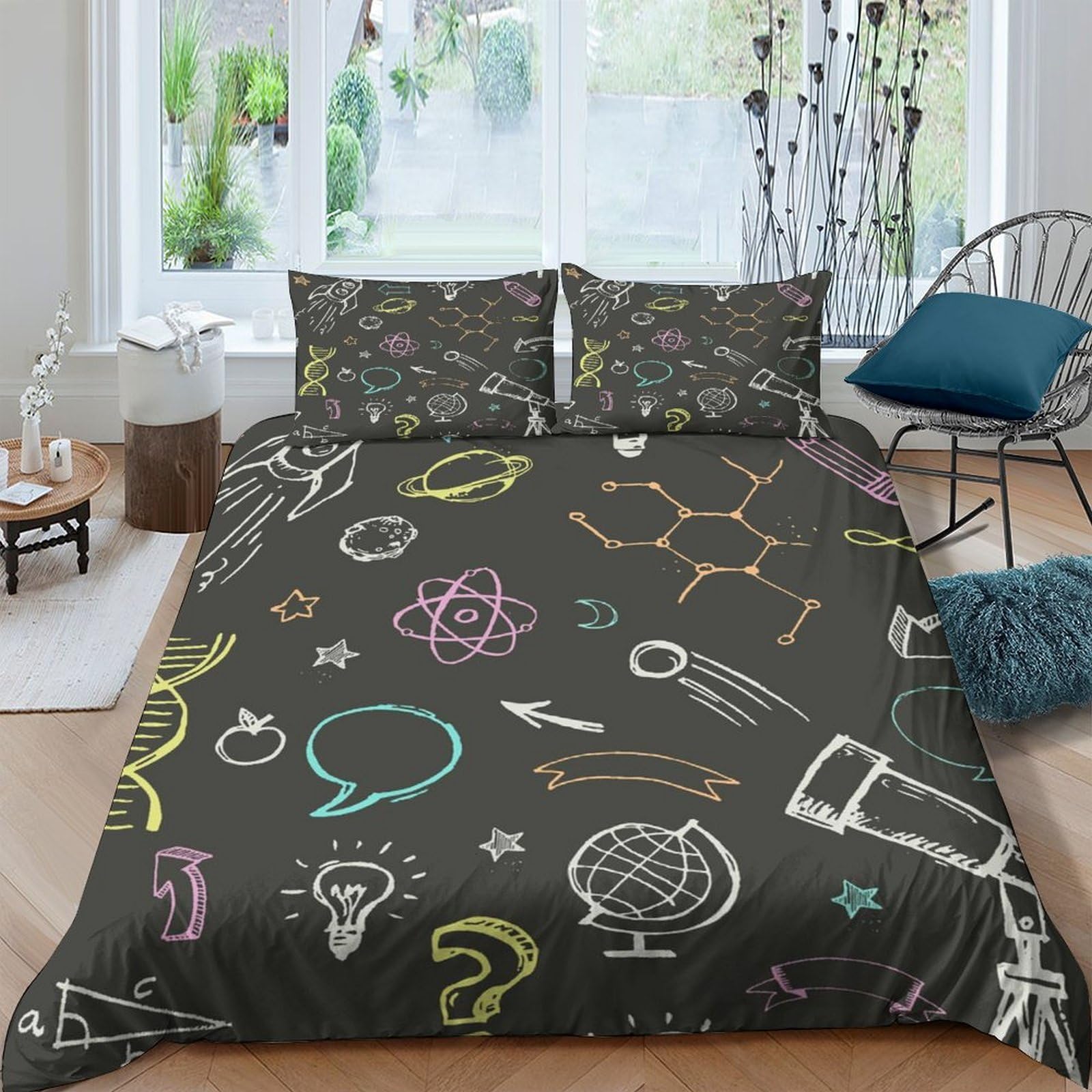 Ctjqhvkz Style-3 3D Printed Science Chalkboard Fitted Sheet Microfiber Colorful Doodle Bed Sheet For Bedroom Dorm Mattress Decor Single（135X200cm）