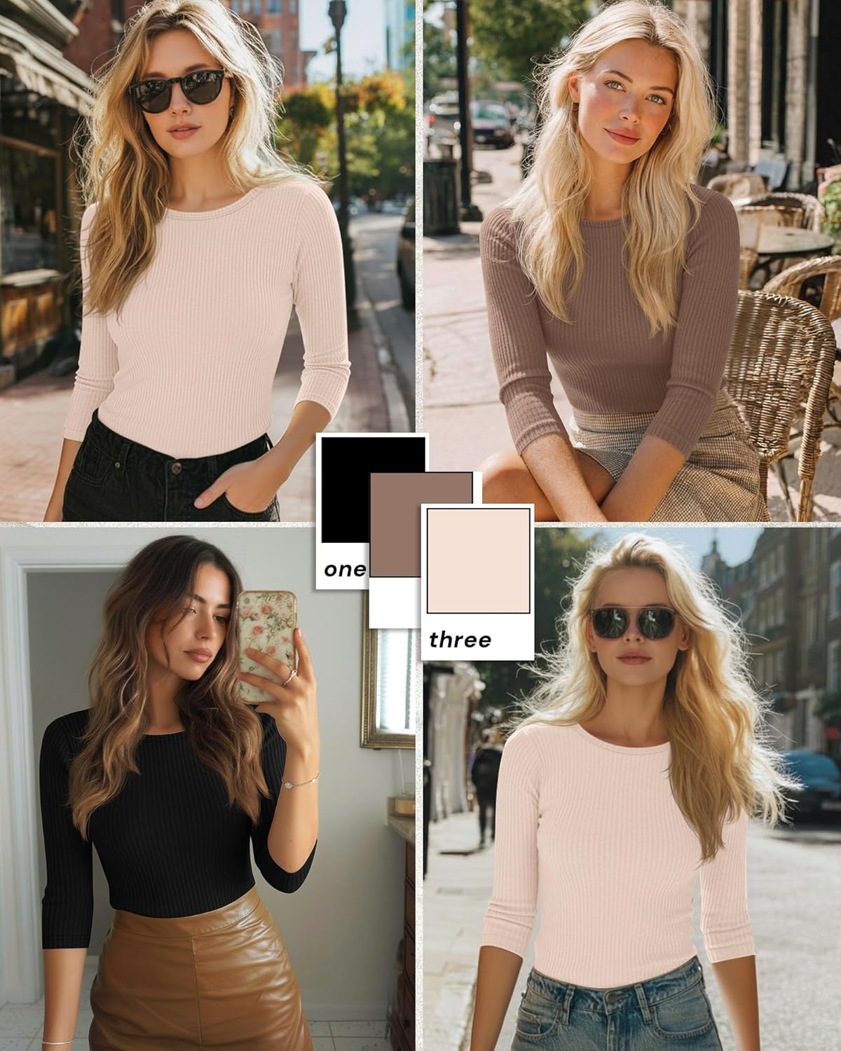 Ficerd 3 Pack 3/4 Sleeve Tops for Women, Cotton Knit Ribbed T Shirts Basic Slim Fit Casual Stretch Tees Crew Neck Shirts - Image 2