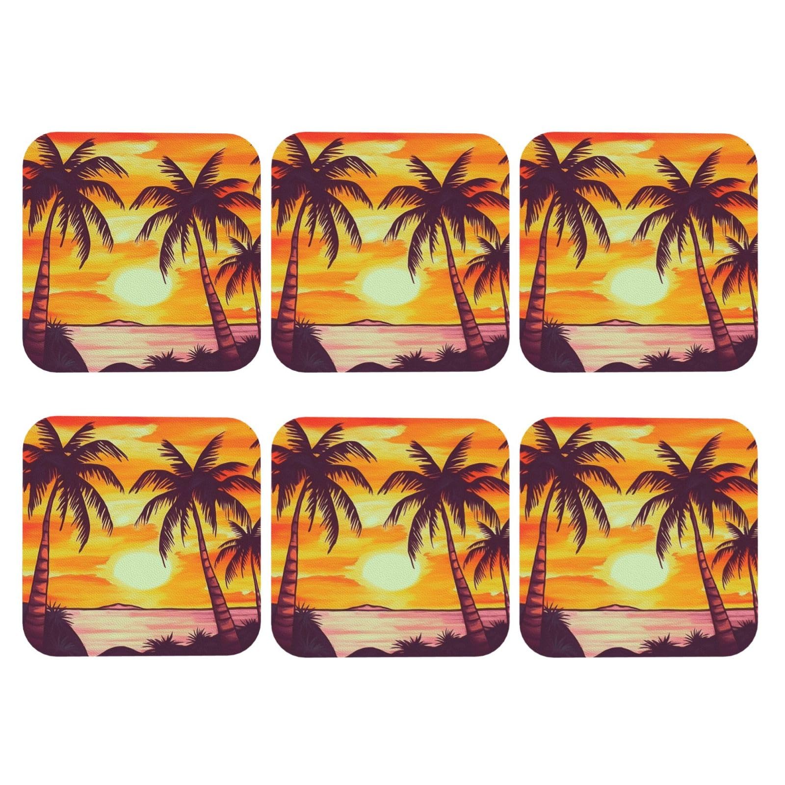 6pcs Leather Coasters for Drinks, Sunset Palm Tree Drink Coasters for Tabletop Protection, 4" Cup Coasters for Coffee Table Decor, Non-Slip Drinking Cup Mat for Hot Or Cold Drink
