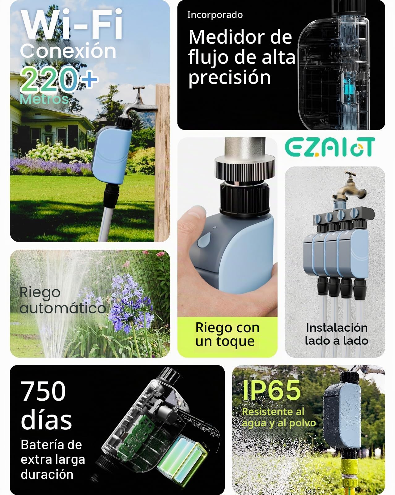 Programador de Riego Automático WiFi con Caudalímetro, Temporizador de Riego Inteligente (Sin Hub), Modos por Volumen y Tiempo, Control por App, Retraso por Lluvia, IP65 para Jardín y Césped