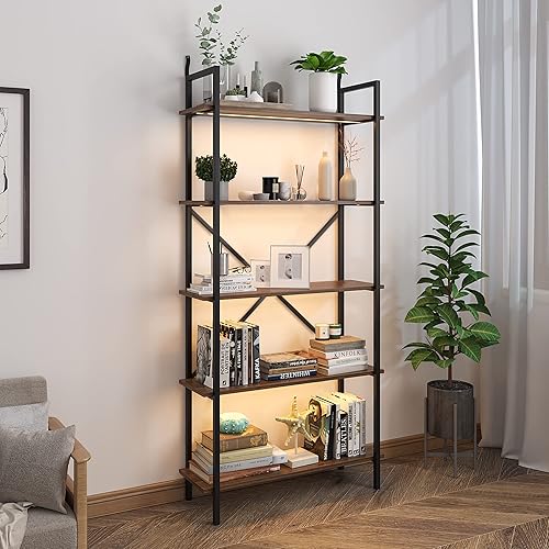 Vlsrka Estantería de 5 niveles con 3 luces LED, estantería industrial alta, estantería vintage Etagere moderna, organizador de almacenamiento,