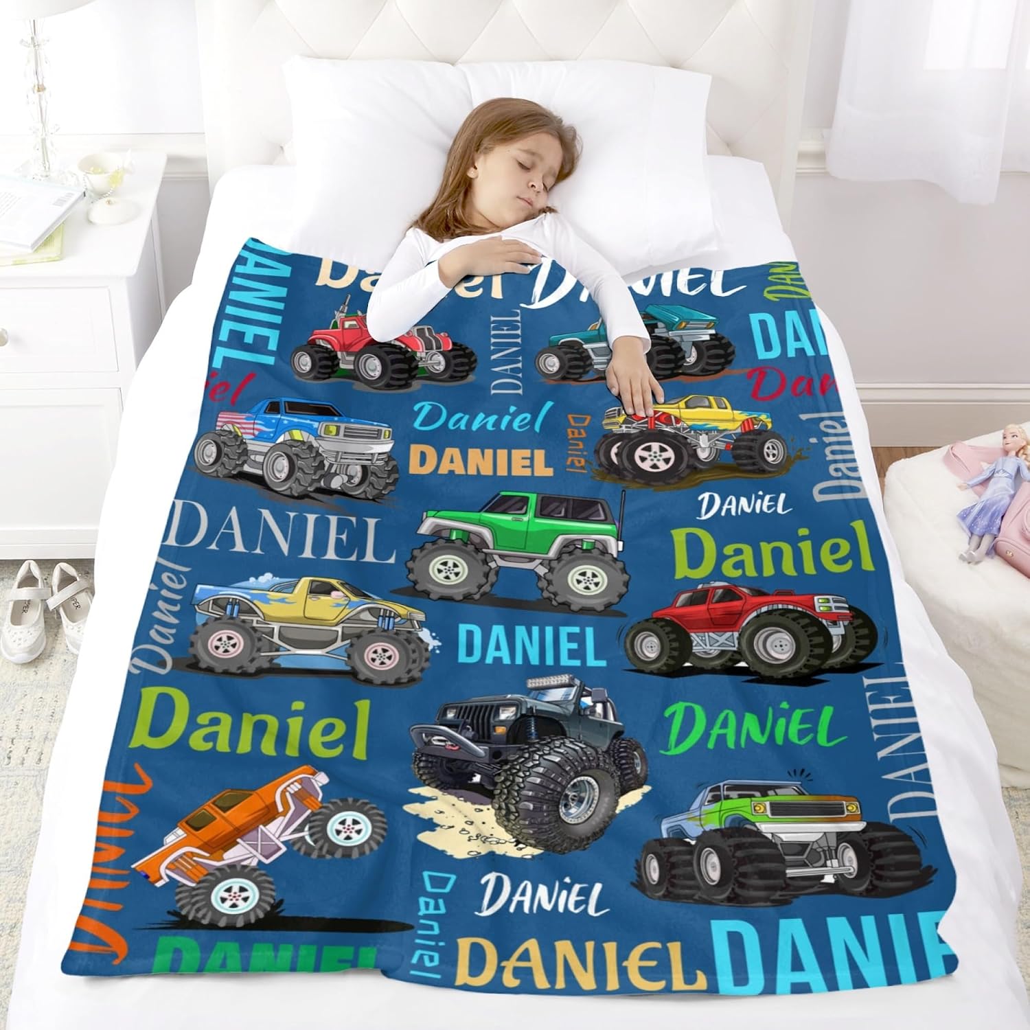 Custom Throw Blanket for Kids Boys, Personalized Car Fleece Blanket with Name Soft Cartoon Blanket for Christmas Birthday Shower Gift