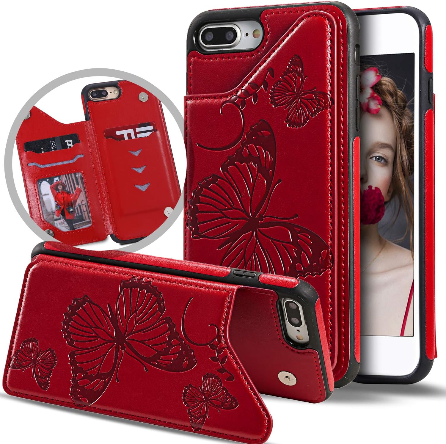 Vodico iPhone 8 Plus Wallet Case for Women,iPhone 7 Plus Case with Card Holder, Cute Girly Slim Folio Flip Butterfly Leather Magnetic Clasp Purse Case with Credit Card Slots&Stand for Girls (Red)