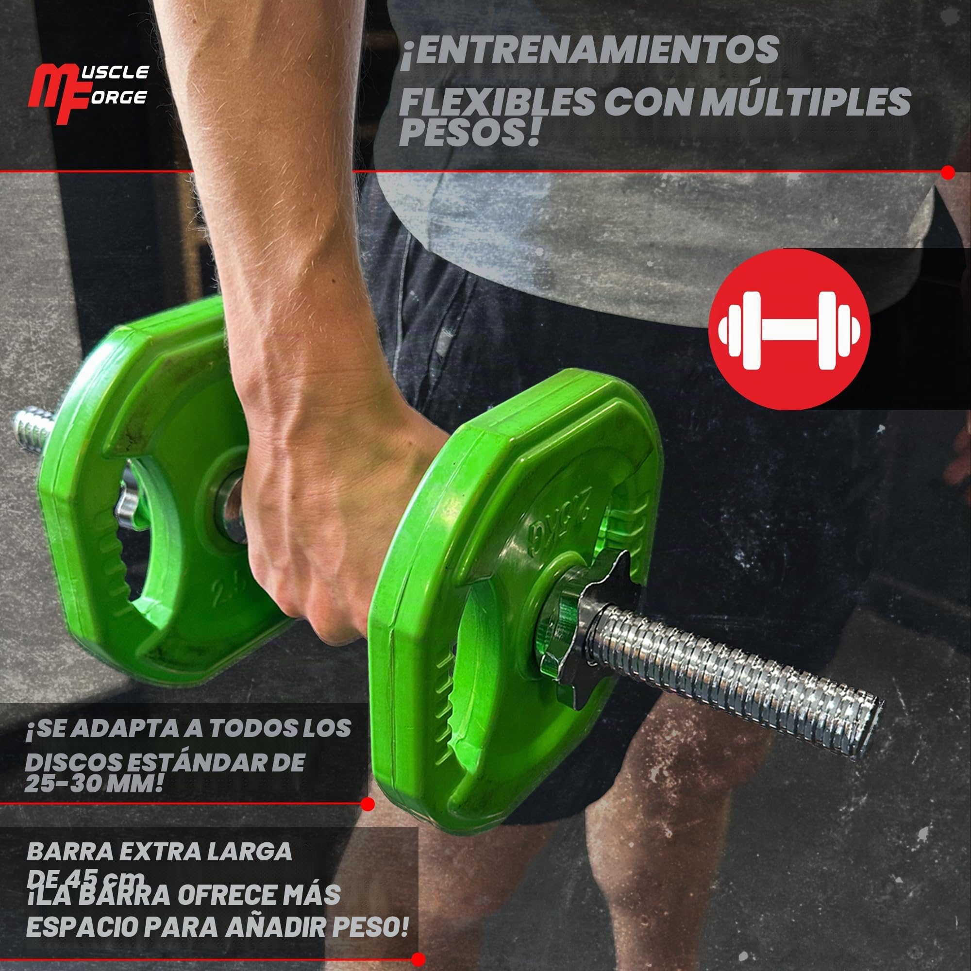 Barra Mancuernas 45 cm – Barra Pesas Roscada Extra Larga con Collares Estrella, Acero Cromado 25-28 mm – Agarre Antideslizante, Carga Alta – Uso En Hogar y Estudio, Curls, Press, Remo