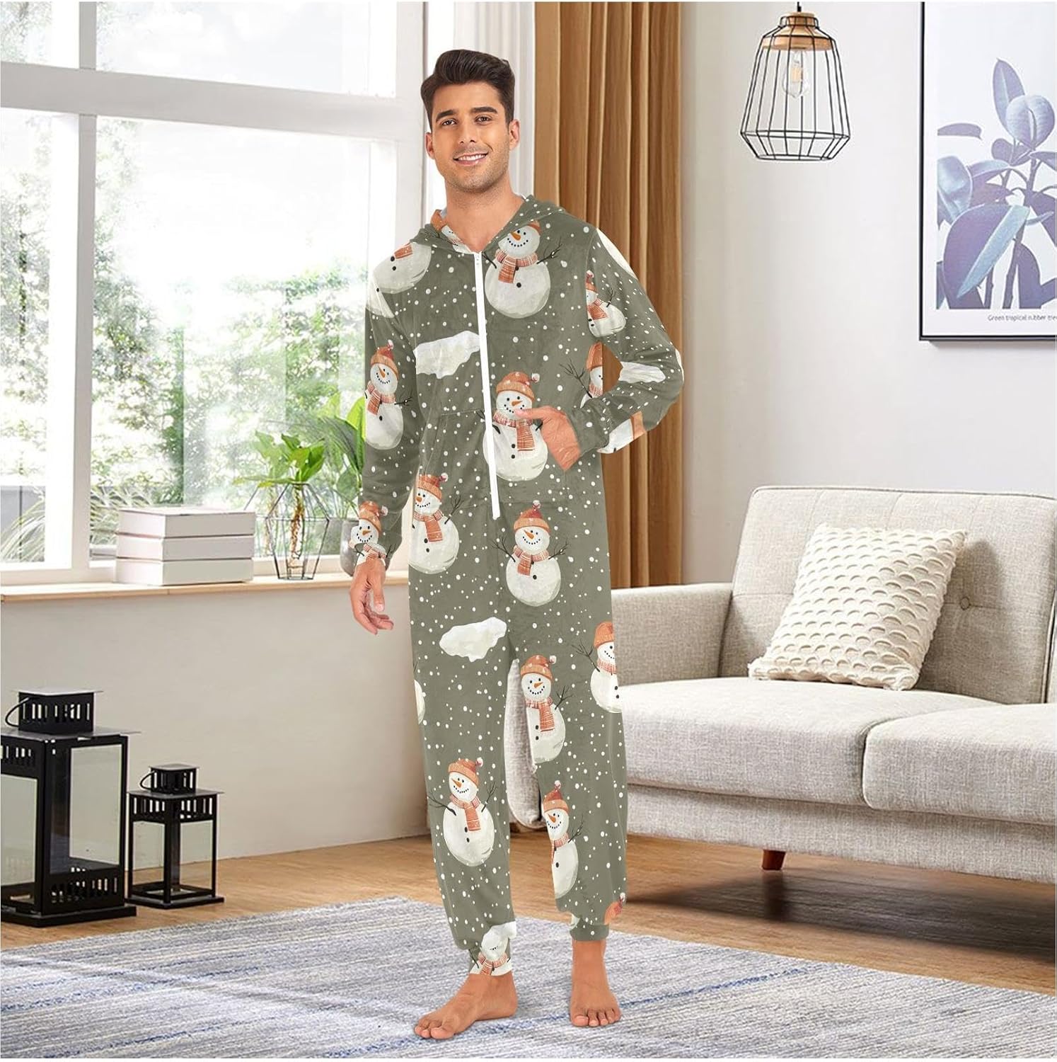 ZZKKO Winter Snowy Snowman Adult Onesie Pajamas for Women Men Cozy One Piece Pajamas Costume Zip-Up Hooded S-XL