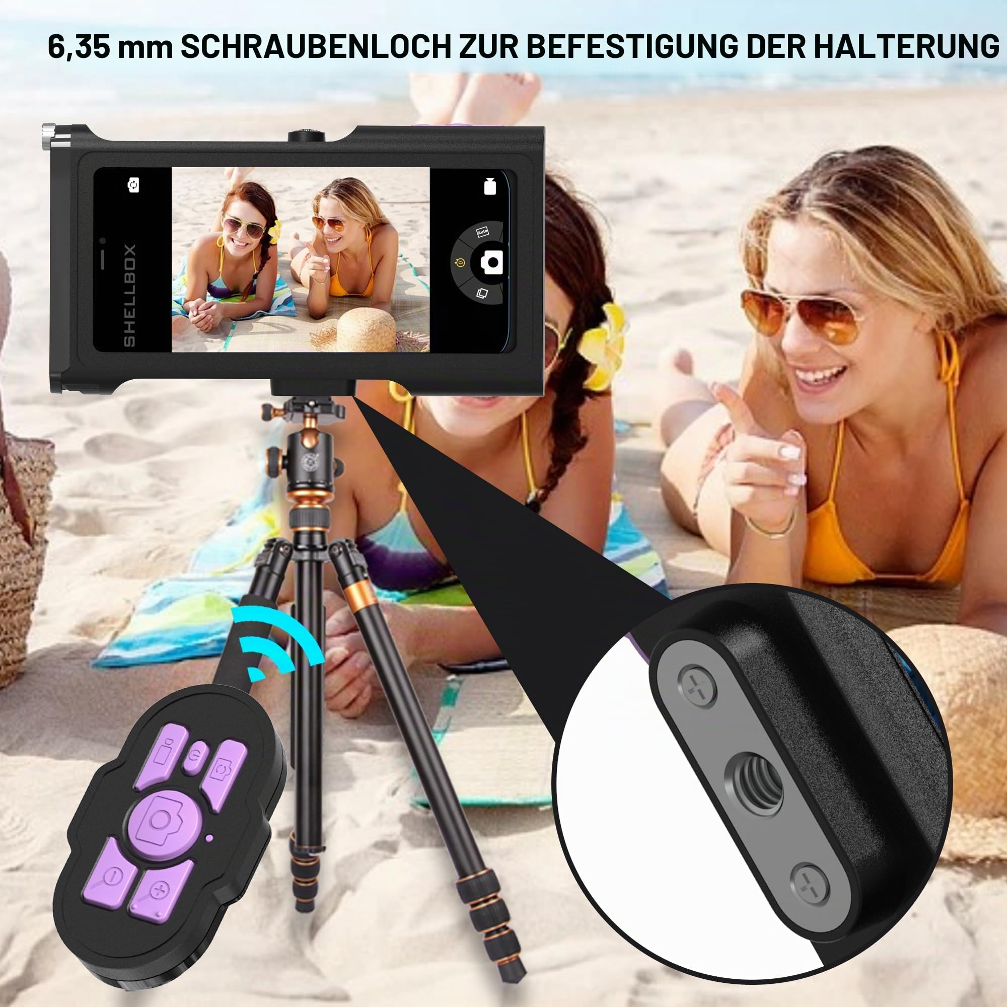 ShellBox Case Tauchtasche 3. Generation für Samsung Galaxy/Handy-Serie, Universal-Handys [4,9–6,9 Zoll], Schnorcheln 15 m, mit Kompass, Bluetooth-gesteuert, Schwarz / Violett