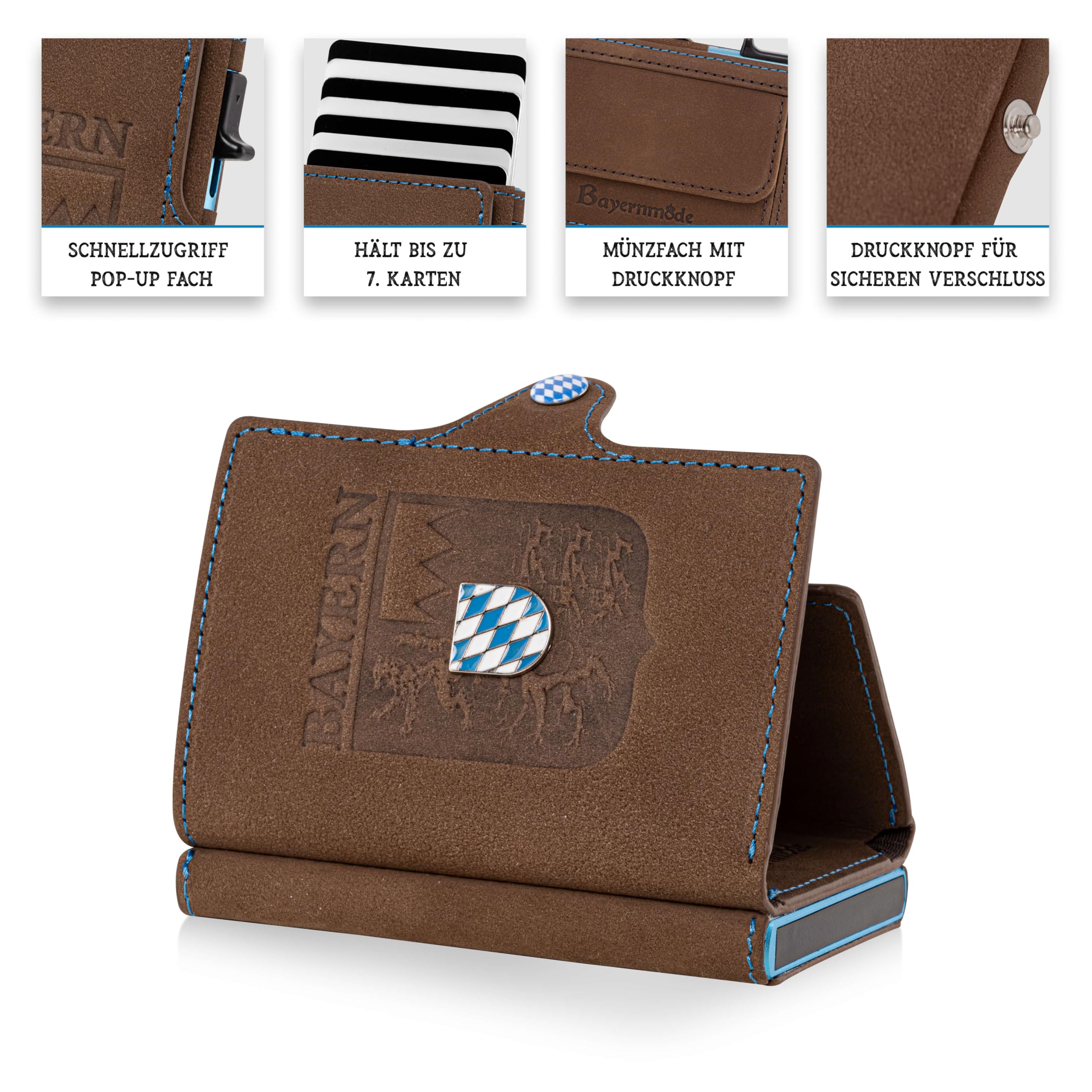 Bayern Smart Wallet Echtleder – Pop-Up Kartenetui mit Bayern Prägung, Wappen Emblem, RFID-Schutz, Münzfach & Scheinfach, personalisierbar, inkl. Geschenkbox