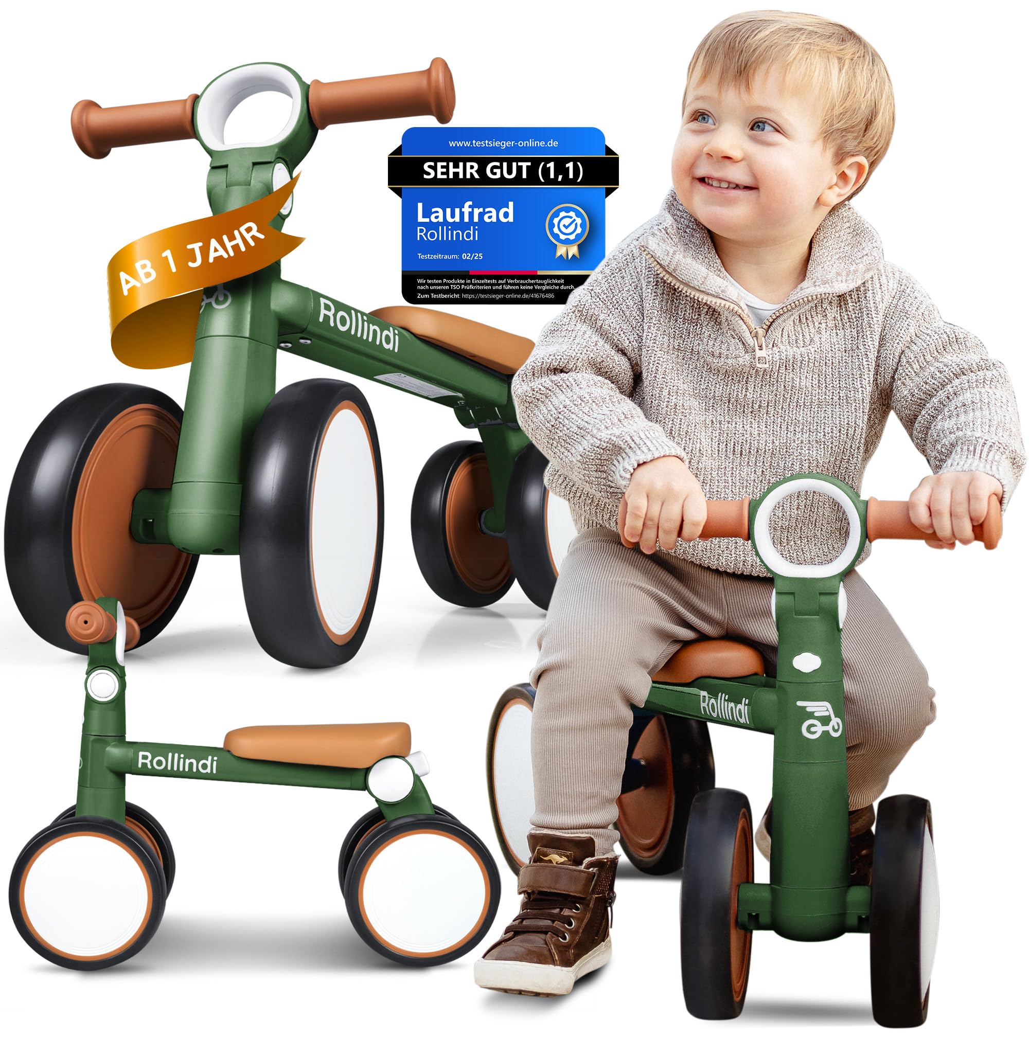 Walk – Sicheres erstes Laufrad ab 1 Jahr, Ultraleicht & kippsicher, leise Räder für drinnen & draußen, mitwachsendes Lauflernrad Baby 12–36 Monate, Geschenk zum 1. Geburtstag, Grün