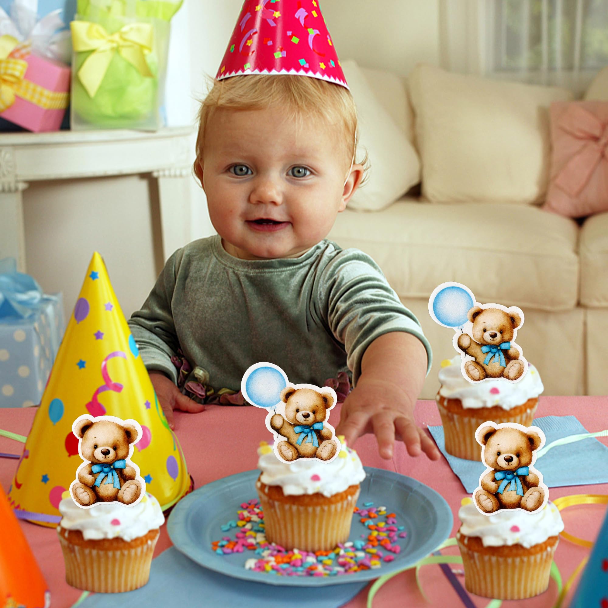 40 PCS Edible Wafer Paper Baby Shower Bear Cupcake Toppers Drink Topper Selection Baby Bear Theme Baby Shower Decorative Supplies Jungle Animal Theme Birthday Party Cake Decorative Supplies Blue