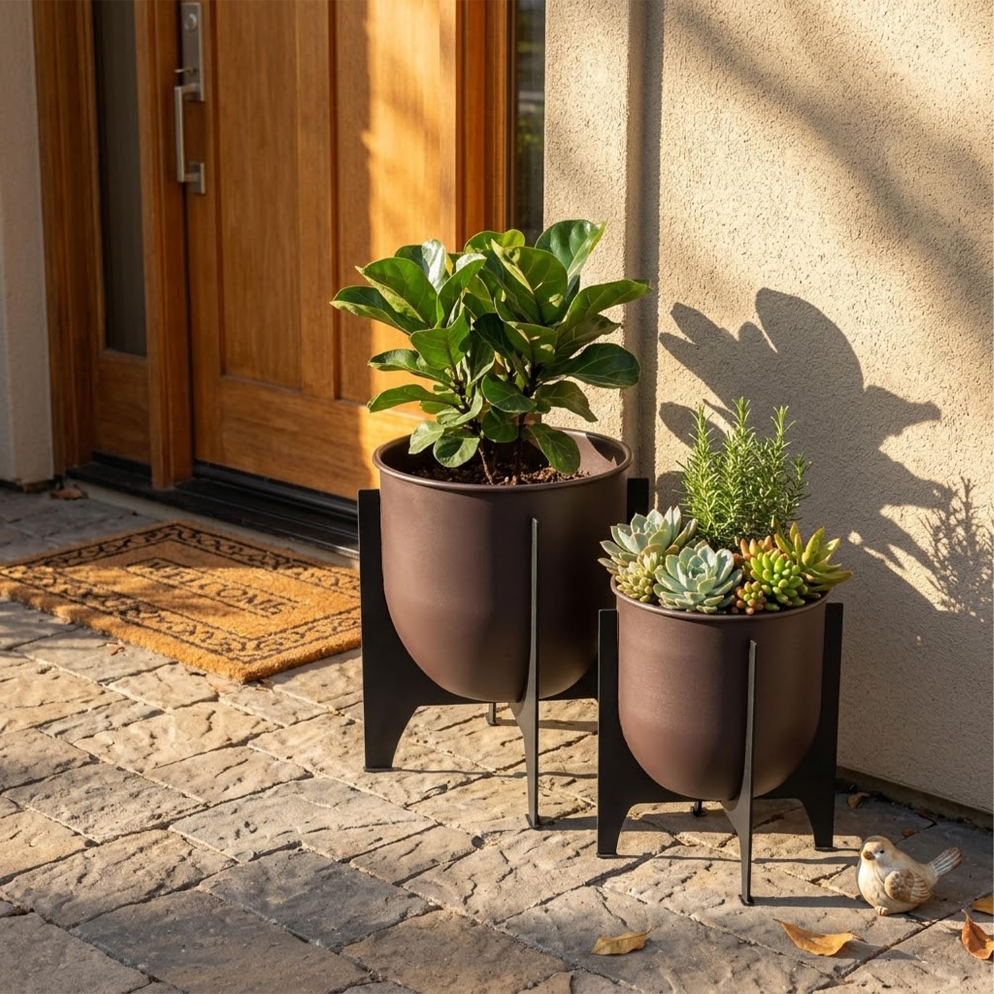 TRIROCKS - Set di 2 vasi con supporto in metallo per interni ed esterni, vasi moderni per soggiorno, angolo, cucina, ufficio, giardino, balcone, decorazione da patio