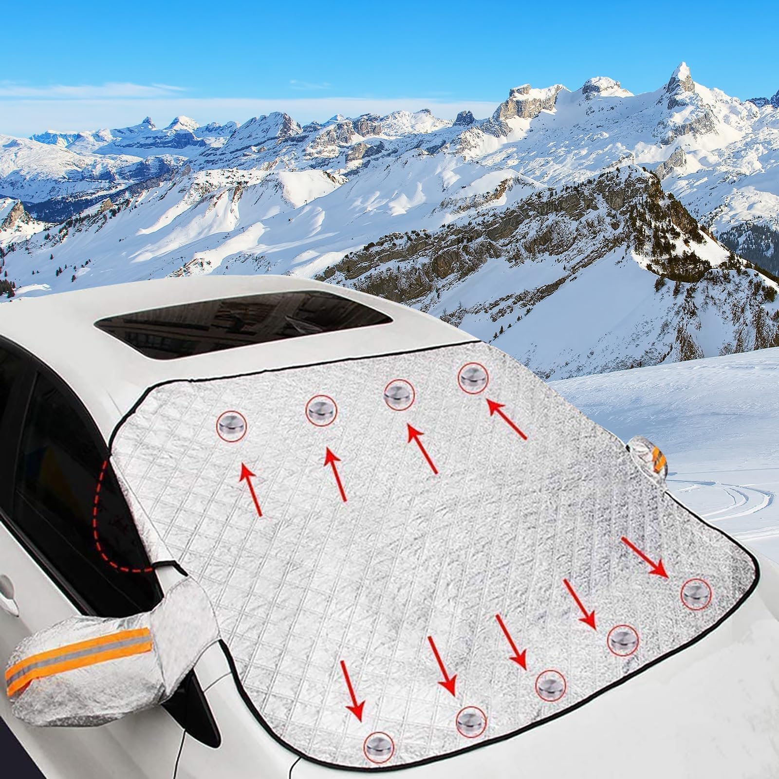 FDTY Car Windshield Cover for Ice and Snow,Magnetic Car Windshield Snow Cover,Winter Frost Guard Car Window Covers Snow Shield Ice Cover & 4-Layer,Anti-UV for Most Cars SUV,Truck,Vans(58x46in)