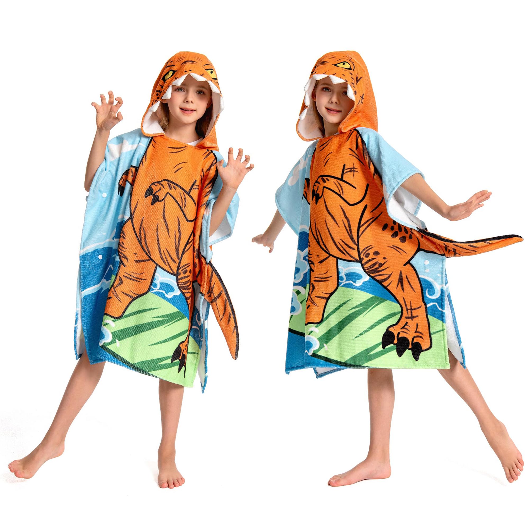 OLAOLA Printed Dinosaur Hooded Kids Beach Towels for 3-12 Years Boys Girls, Soft Absorbent Kids Hooded Bath Towel Wrap, Toddler Pool Swim Towel with