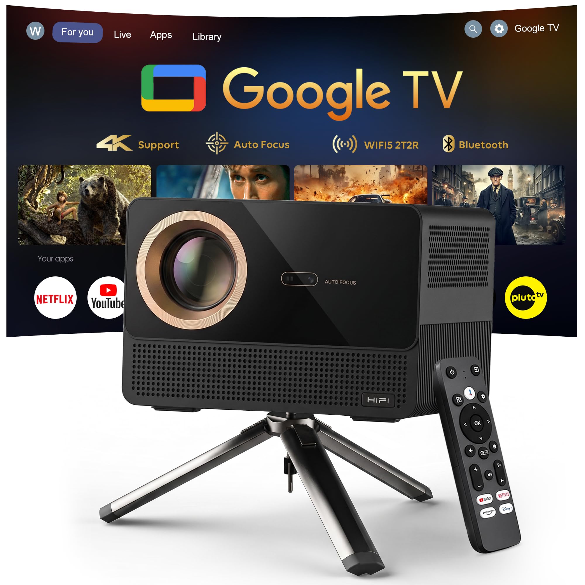 Photo 1 of [MISSING CORD] Smart 4K Projector with WiFi and Bluetooth,3500 ANSI,Official Licensed Google TV,Auto Focus & Keystone,Dual HIFI Speaker Movie Cinema for Bedroom Home Theater & Outdoor