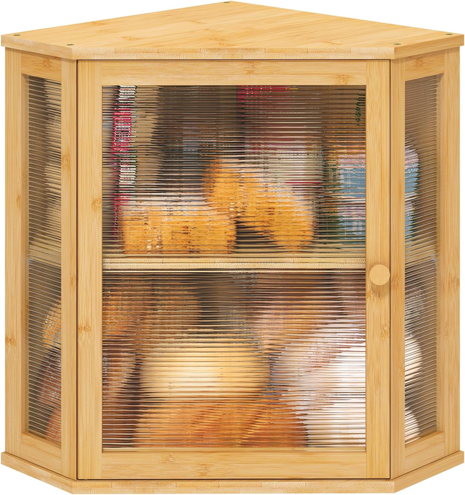 Corner Bread Box for Kitchen Counter, Bamboo Wood Large Capacity Bread Storage Bin with Acrylic Wavy Door Panel (Natural, Extra Large)