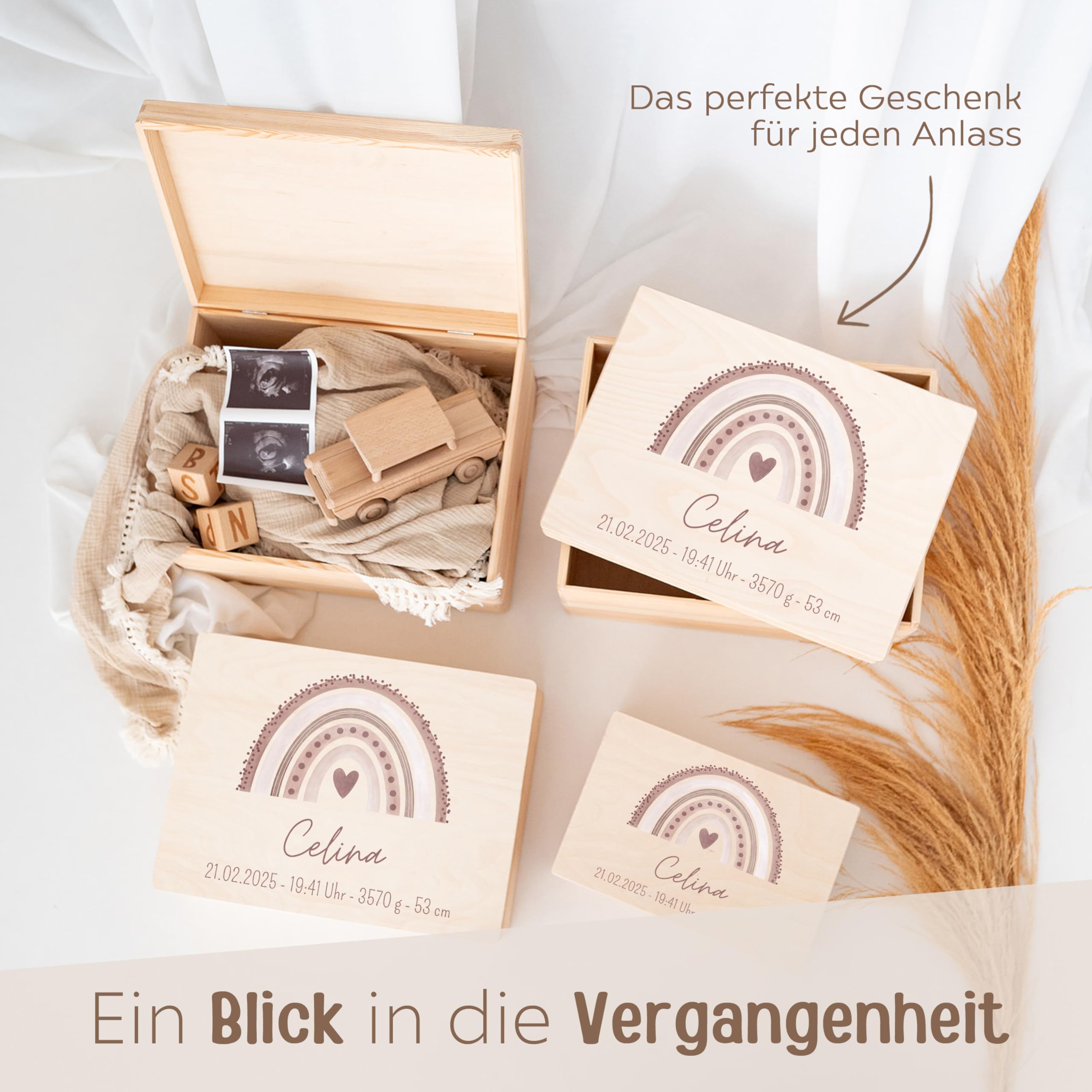 wunderwunsch® - Personalisierte Erinnerungsbox Baby mit Spezial-Druck - Baby Erinnerungsbox - Erinnerungskiste aus Holz - Geschenk zur Geburt (rosa, M flach | Klappdeckel)