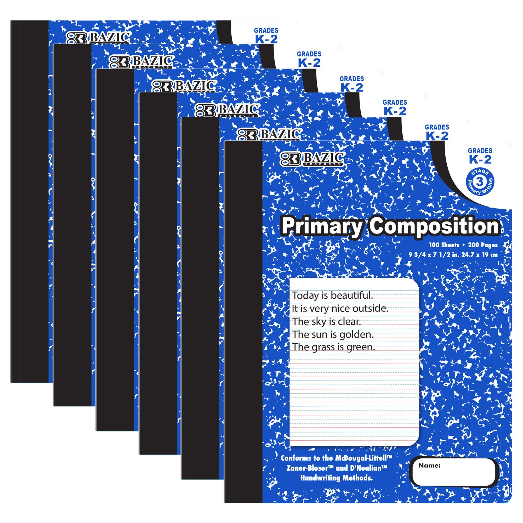 BAZIC Lot de 6 cahiers de composition pour journal primaire, marbre bleu, 100 feuilles d'écriture de grade K à 2