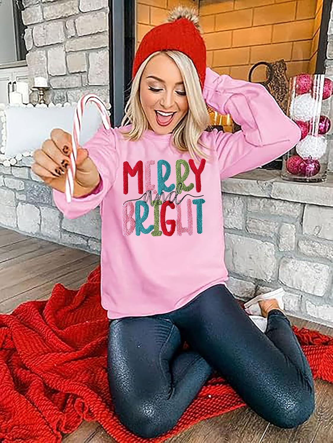 Christmas Sweatshirt Women Merry And Bright Christmas Pullover Shirt Novelty Chenille Patch Xmas Gift Holiday Top