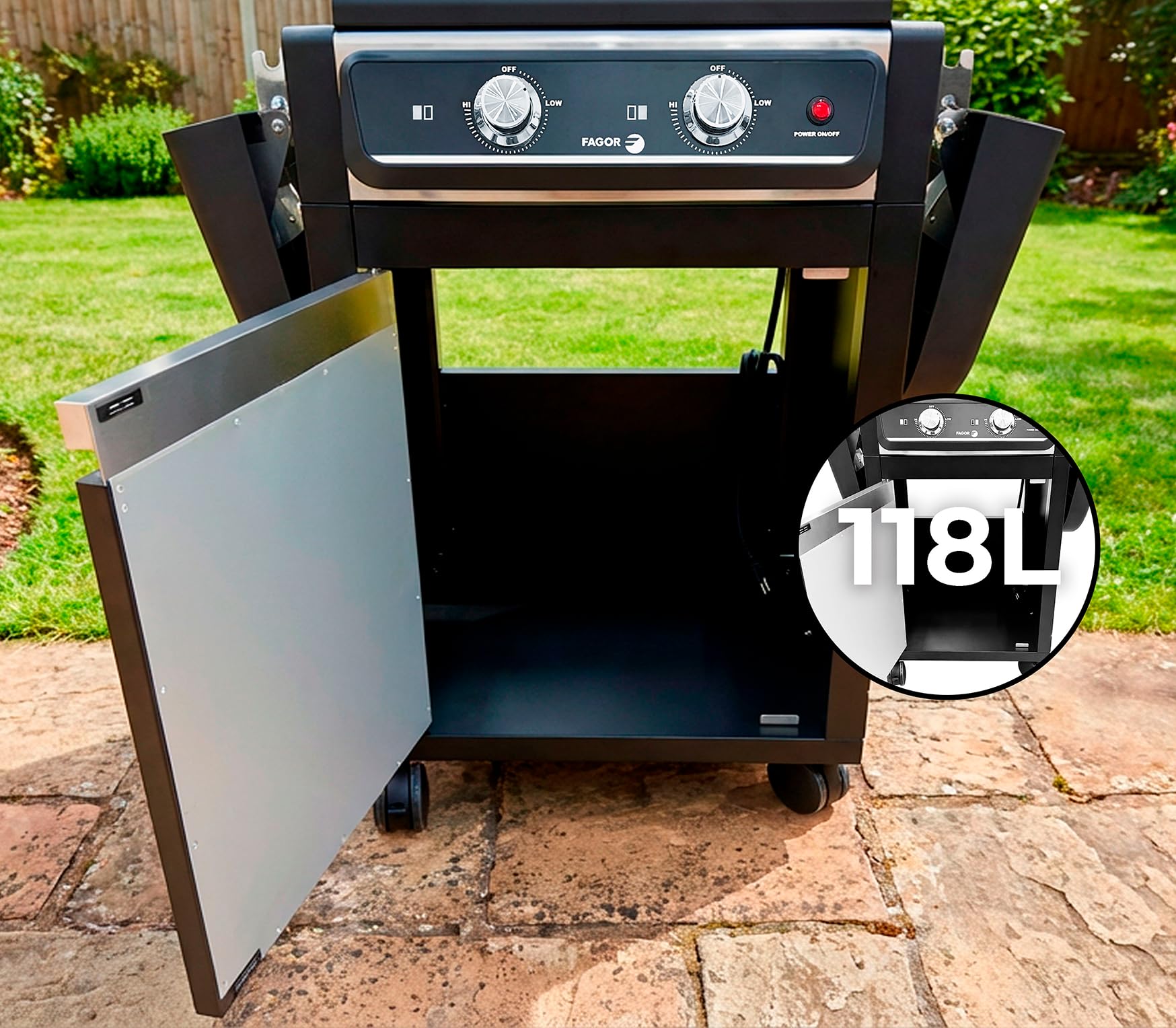 FAGOR BBQ Force Grill Barbacoa Eléctrica 3000W Exterior e Interior con Patas y Armario, Temperatura 330ºC, Doble Zona Cocinado, Sin Humo, Gran Superficie, Limpieza Fácil, Negro