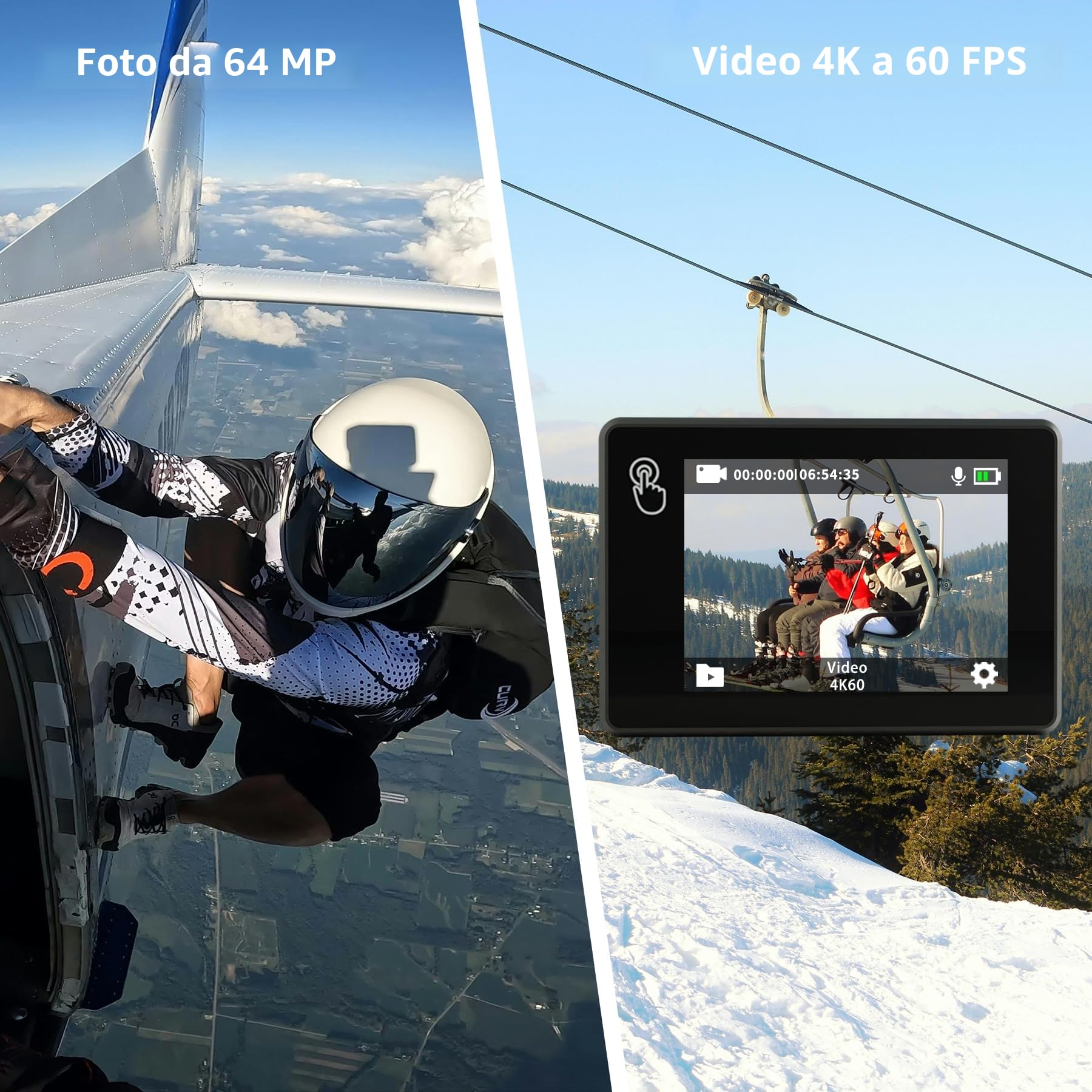 Apexcam Nuova M80PRO Action Cam 4K 64MP EIS Touch Screen Con 128GB Scheda Fotocamera Sportiva Impermeabile Fotocamera Subacquea 40M 8X Zoom e 2 * 1350 Batterie Kit Accessori