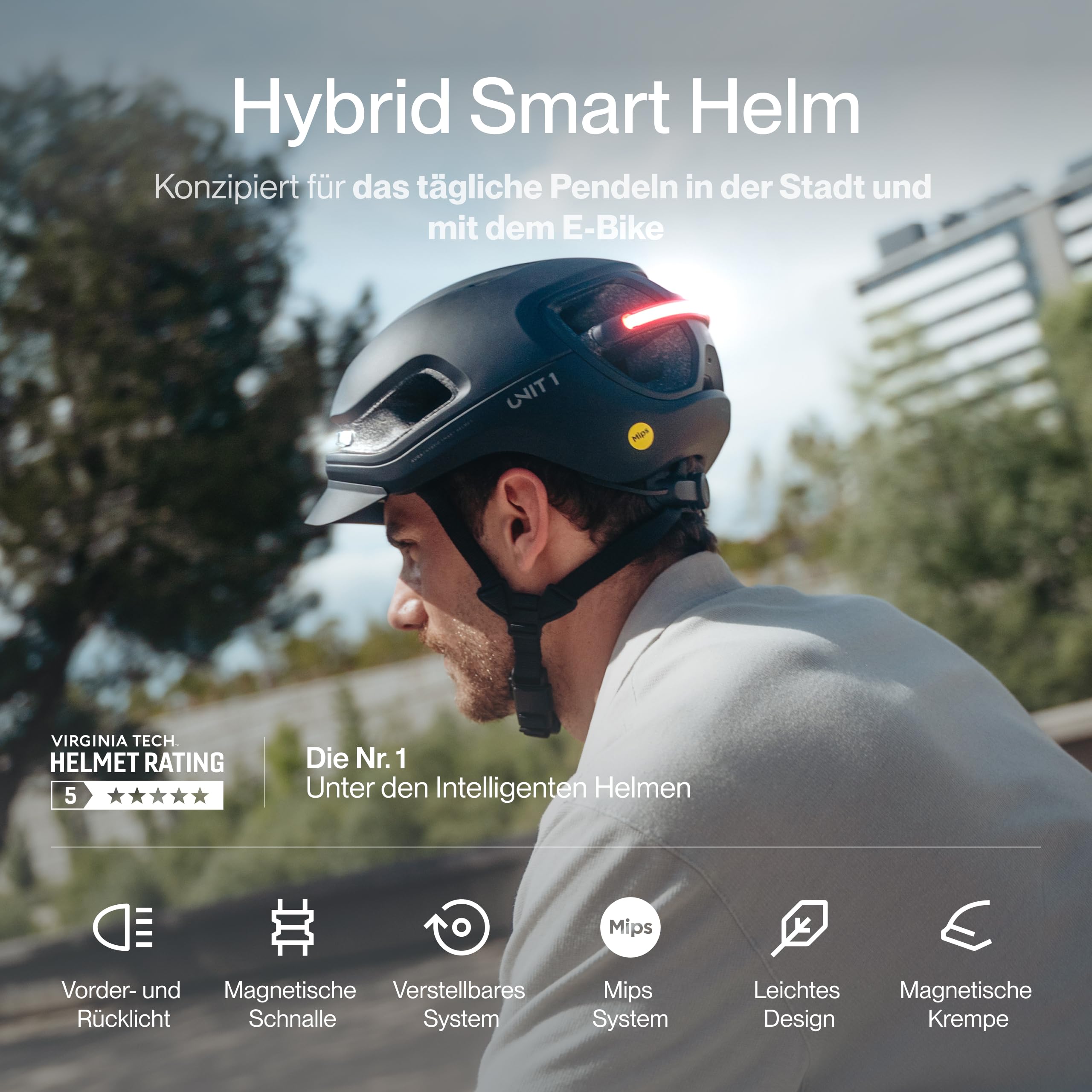 Unit 1 Aura Hybrid Smart Fahrradhelm | Stadt & Straße | MIPS | LED vorne und hinten | Dreh- und Bremslicht kompatibel mit Fernbedienung… – Ansicht 2