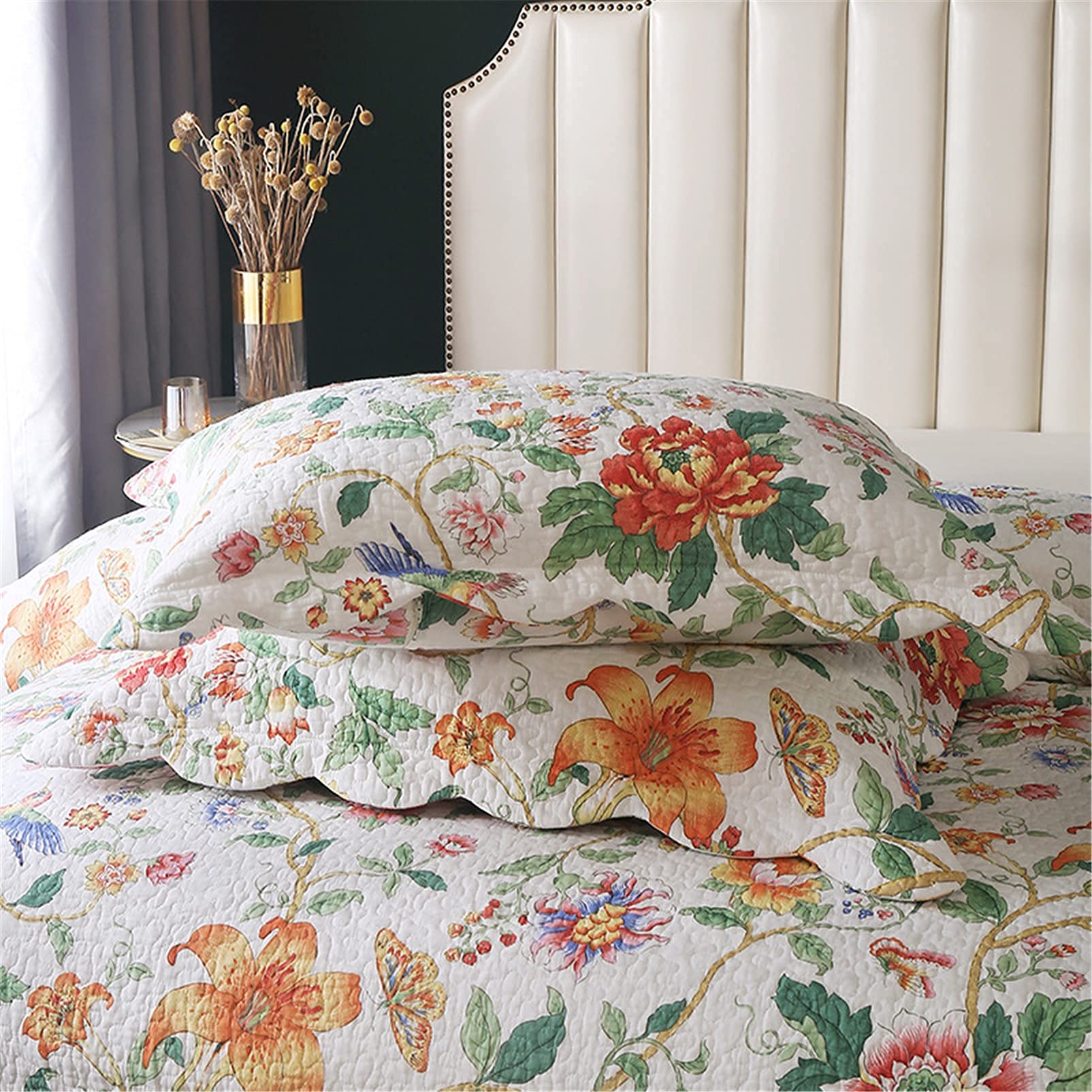 Juego de Colcha de Patchwork para Cama, de algodón, con diseño Floral, Cachemira, Reversible, Acolchada, con Volantes, Colcha Ligera, 3 Piezas,