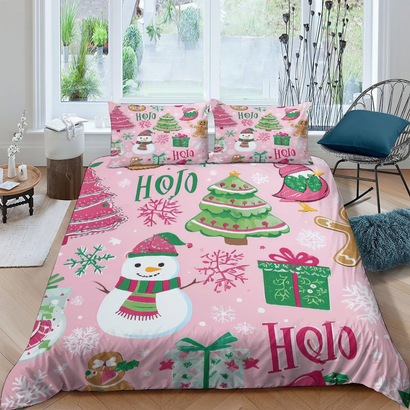 Ctjqhvkz Style-4 3D Printed Christmas Snowman Fitted Sheet Microfiber Soft Pink Xmas Tree Bed Cover For Bedroom Guestroom Holiday Decor Single（135X200cm）