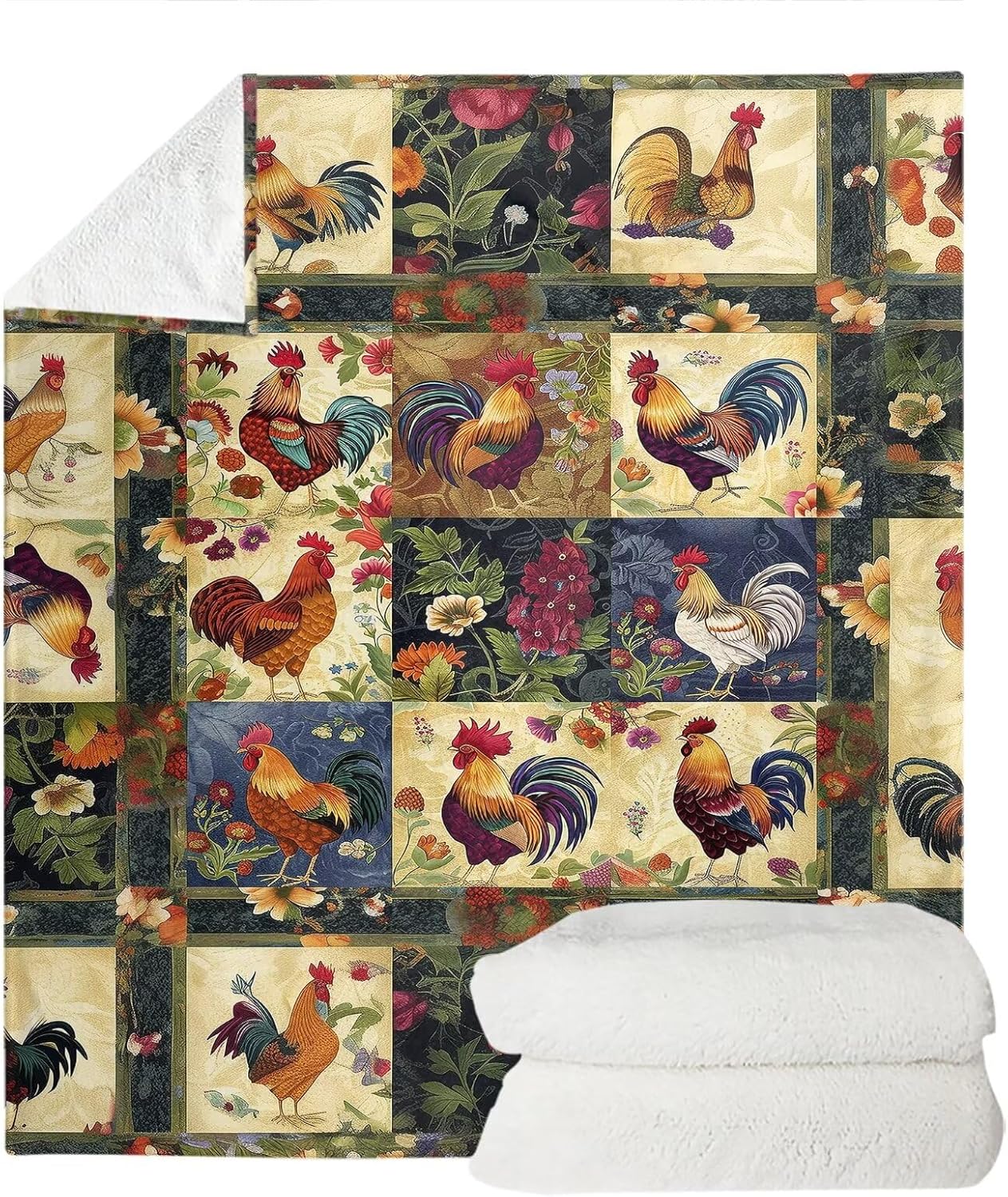 Retro Rooster Blanket, Soft Fuzzy Plush Throw Blanket for Couch, Sofa Bed Decorative Blankets Retro Chicken Flower Kids Blanket All Season 70" x 55"
