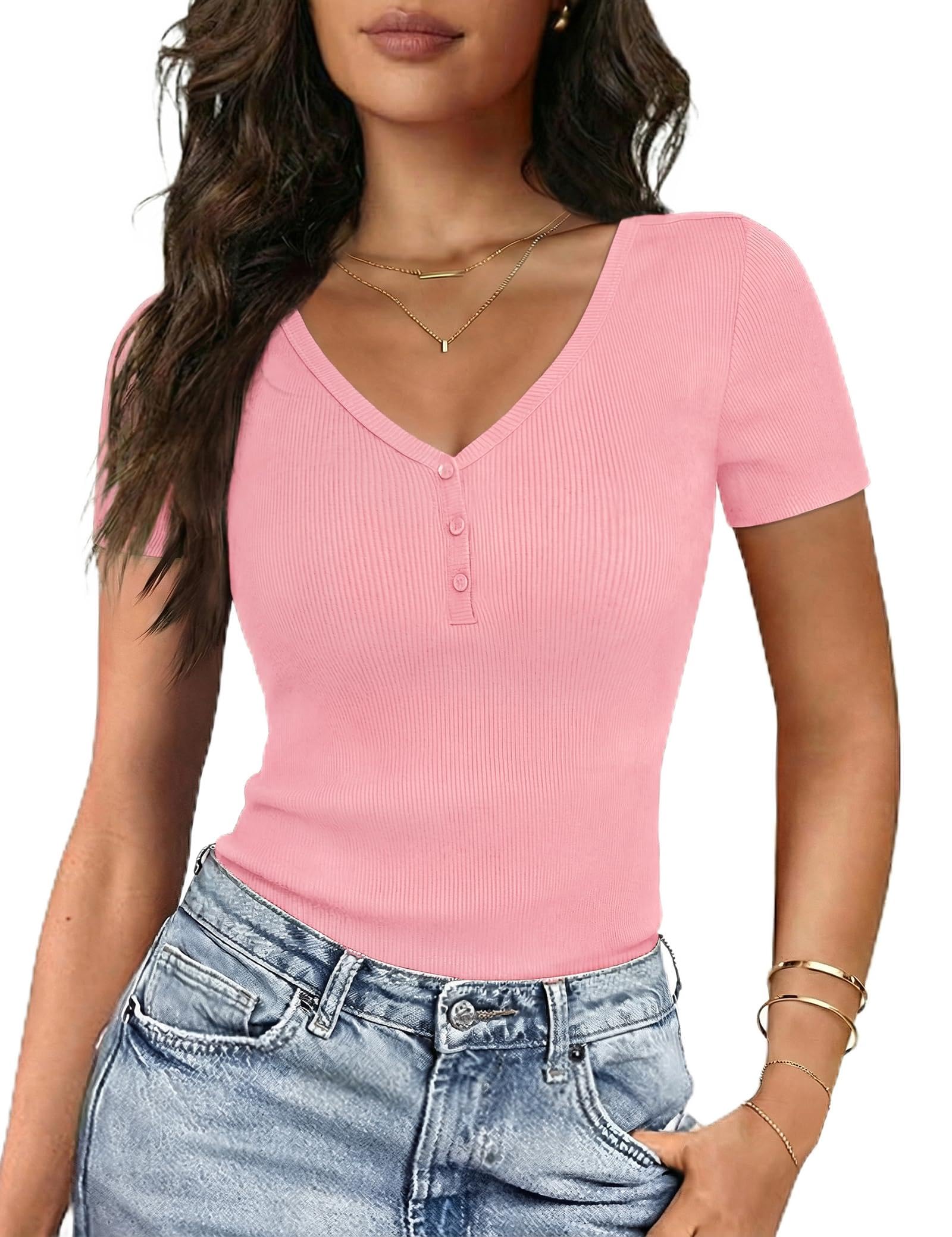 Gyabnw Damen Kurzarm T Shirt mit V Ausschnitt und Henley Knopfleiste Slim Fit Stretch Stoff weiches Elegantes Basic Shirt Sommer Oberteile Damen